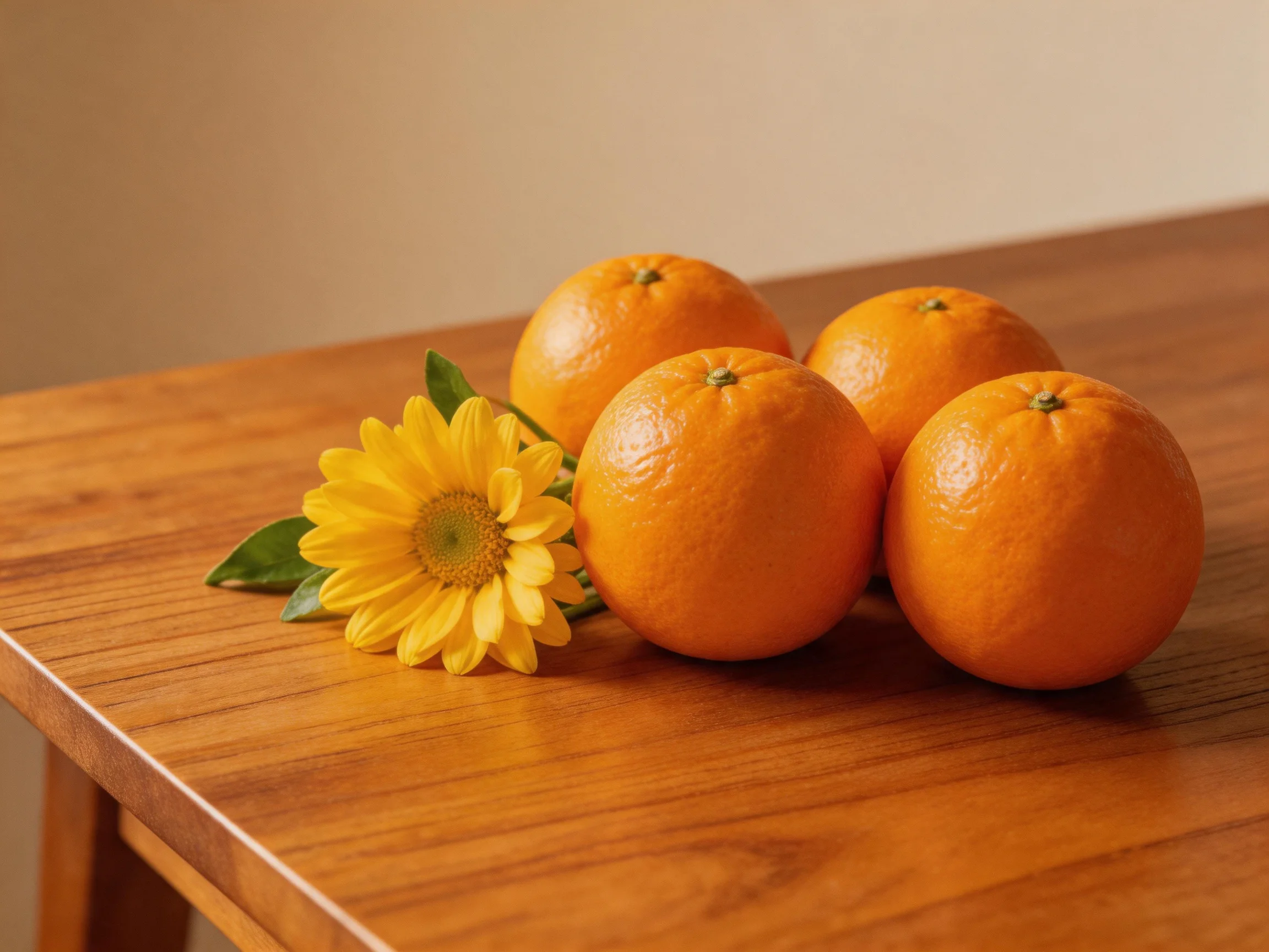 Four bright oranges and a yellow flower on a polished wooden table