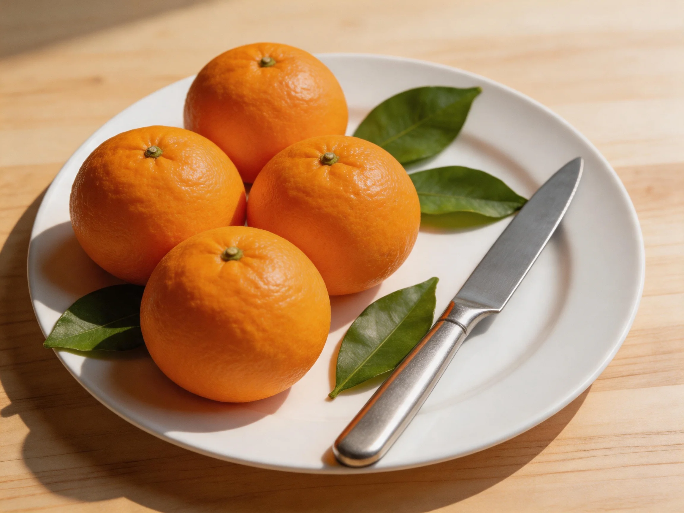 Four bright oranges arranged on a white plate with green leaves and a silver knife
