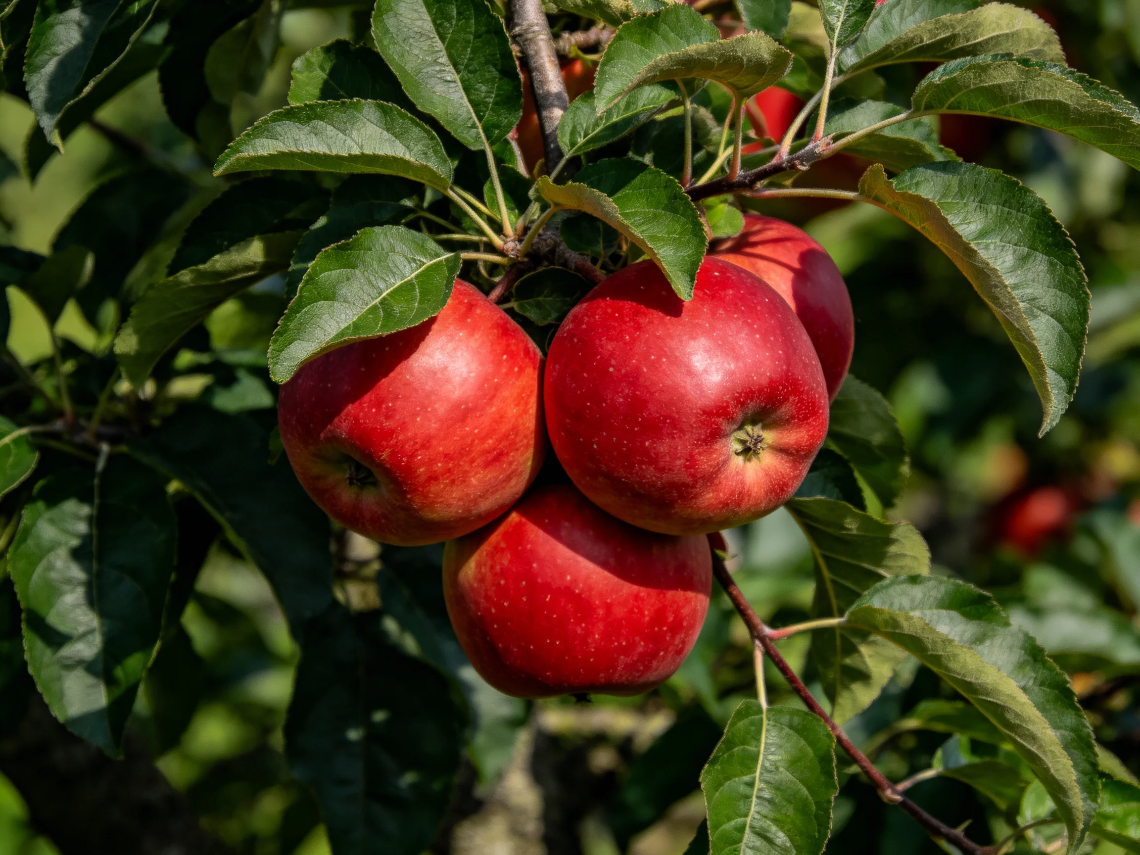Four bright red apples cluster on a leaf-covered apple tree branch.