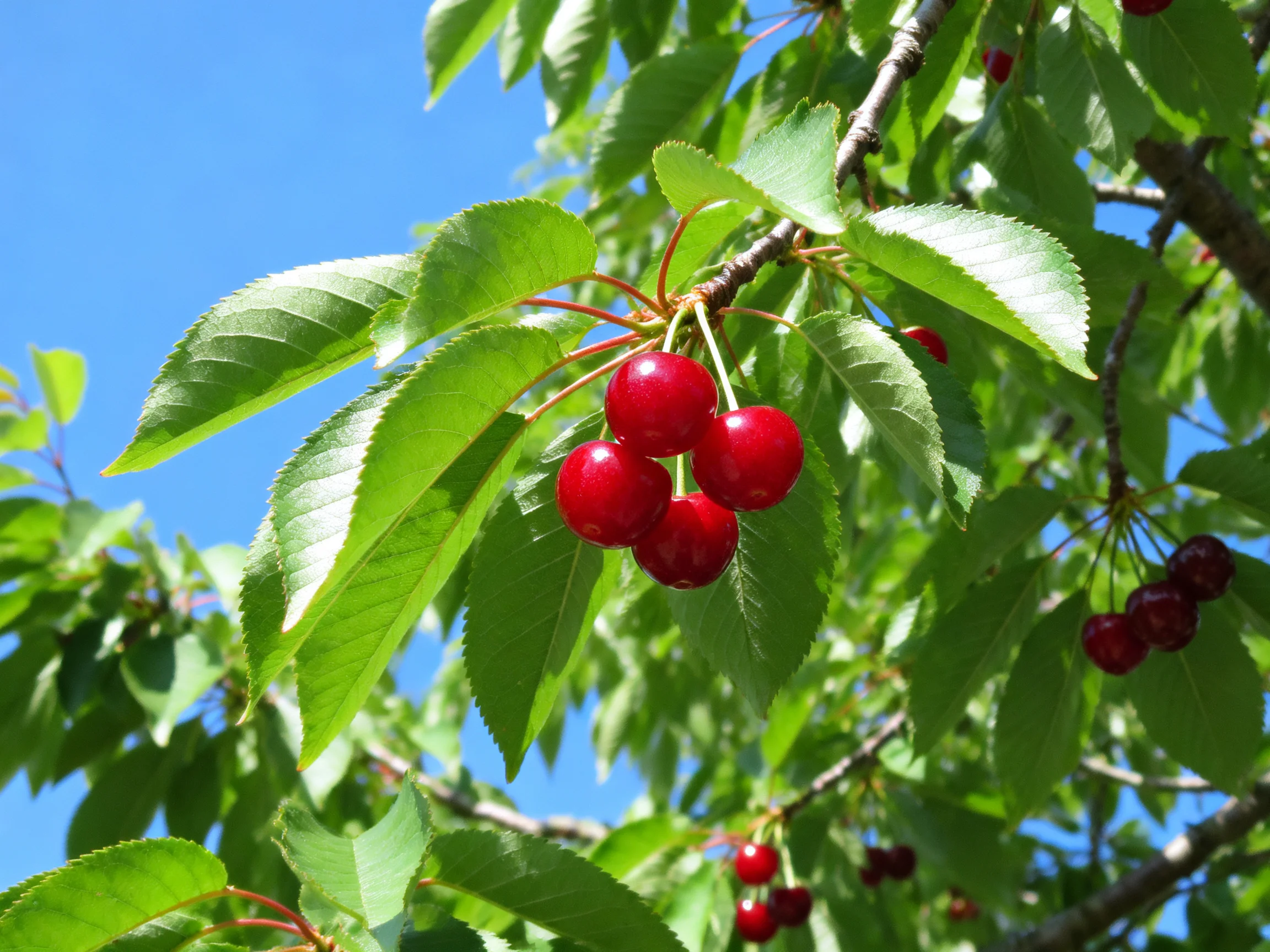 Four bright red cherries cluster amid lush green leaves under a clear blue sky
