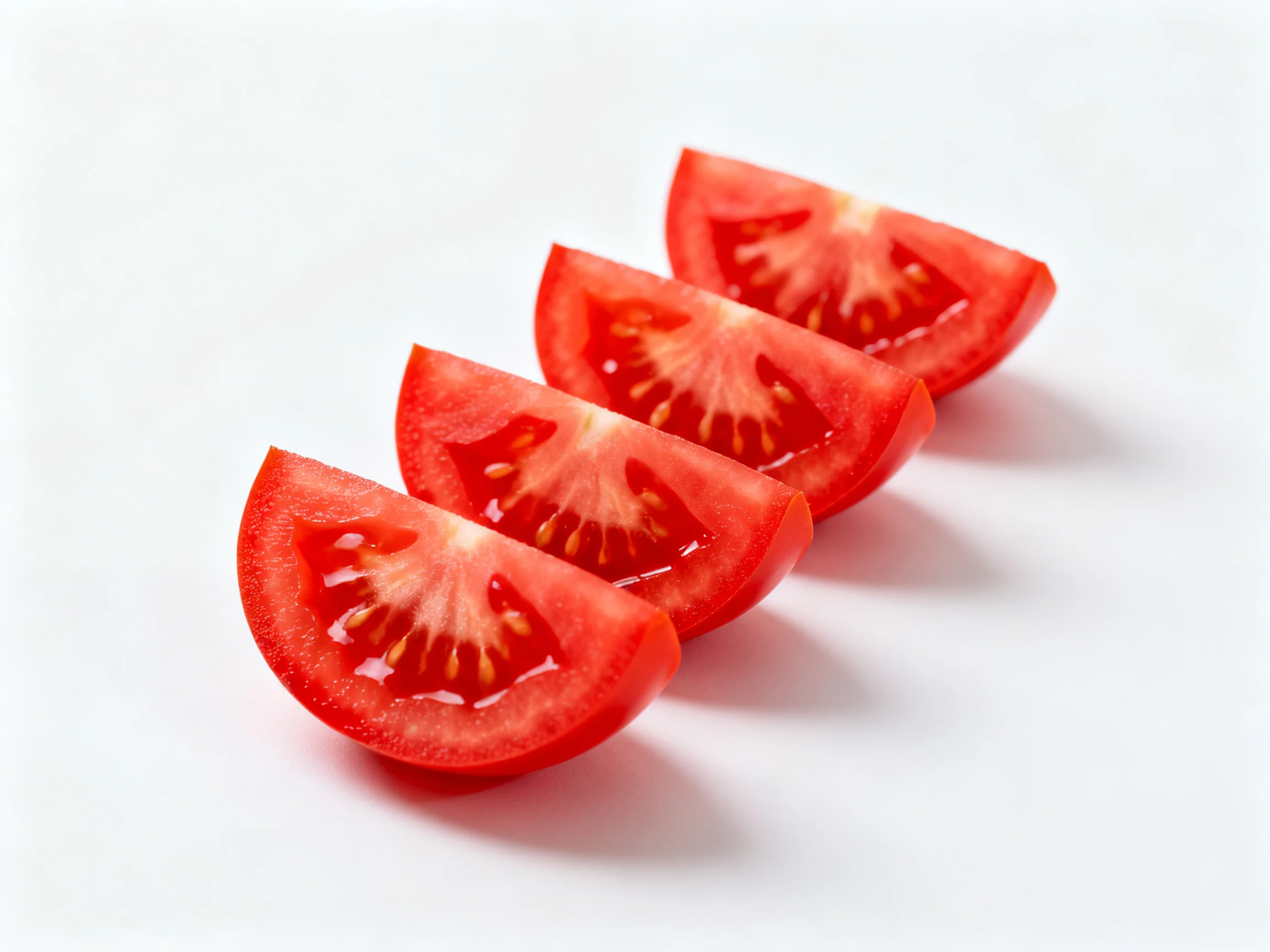 Four bright red tomato slices arranged horizontally