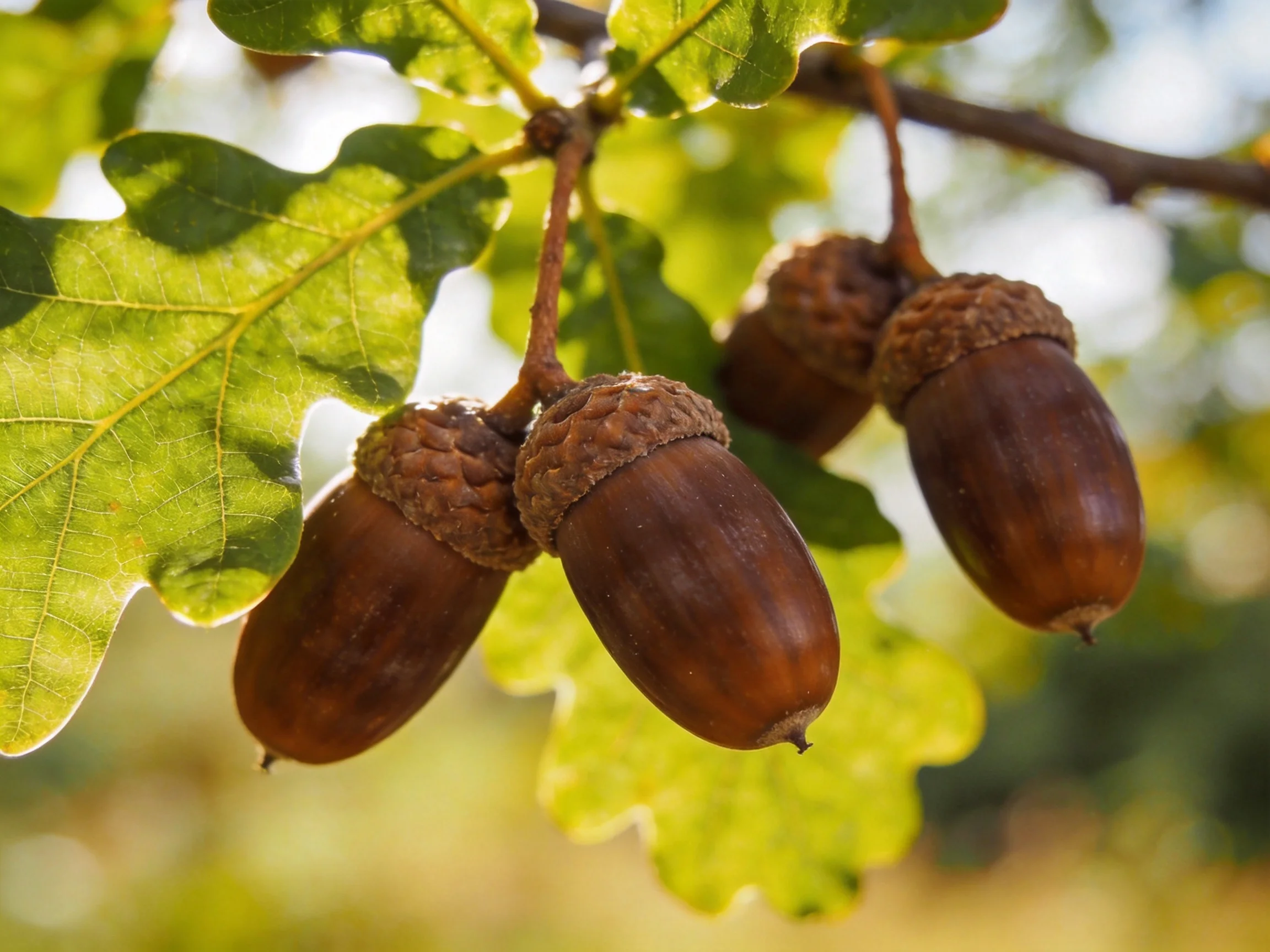 Four brown acorns hang from an oak branch with green leaves