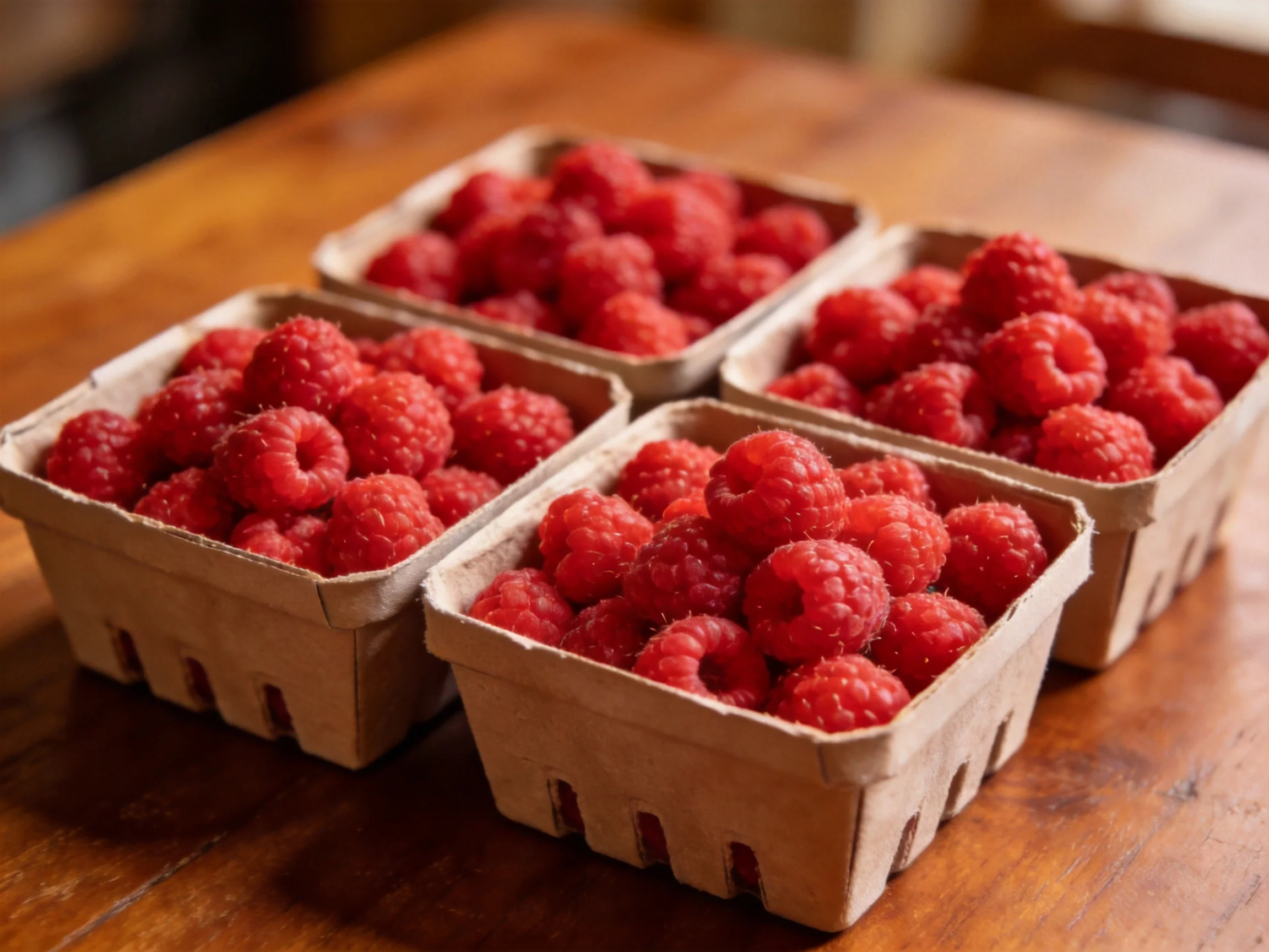 Four cardboard baskets overflow with bright red raspberries on a wooden table
