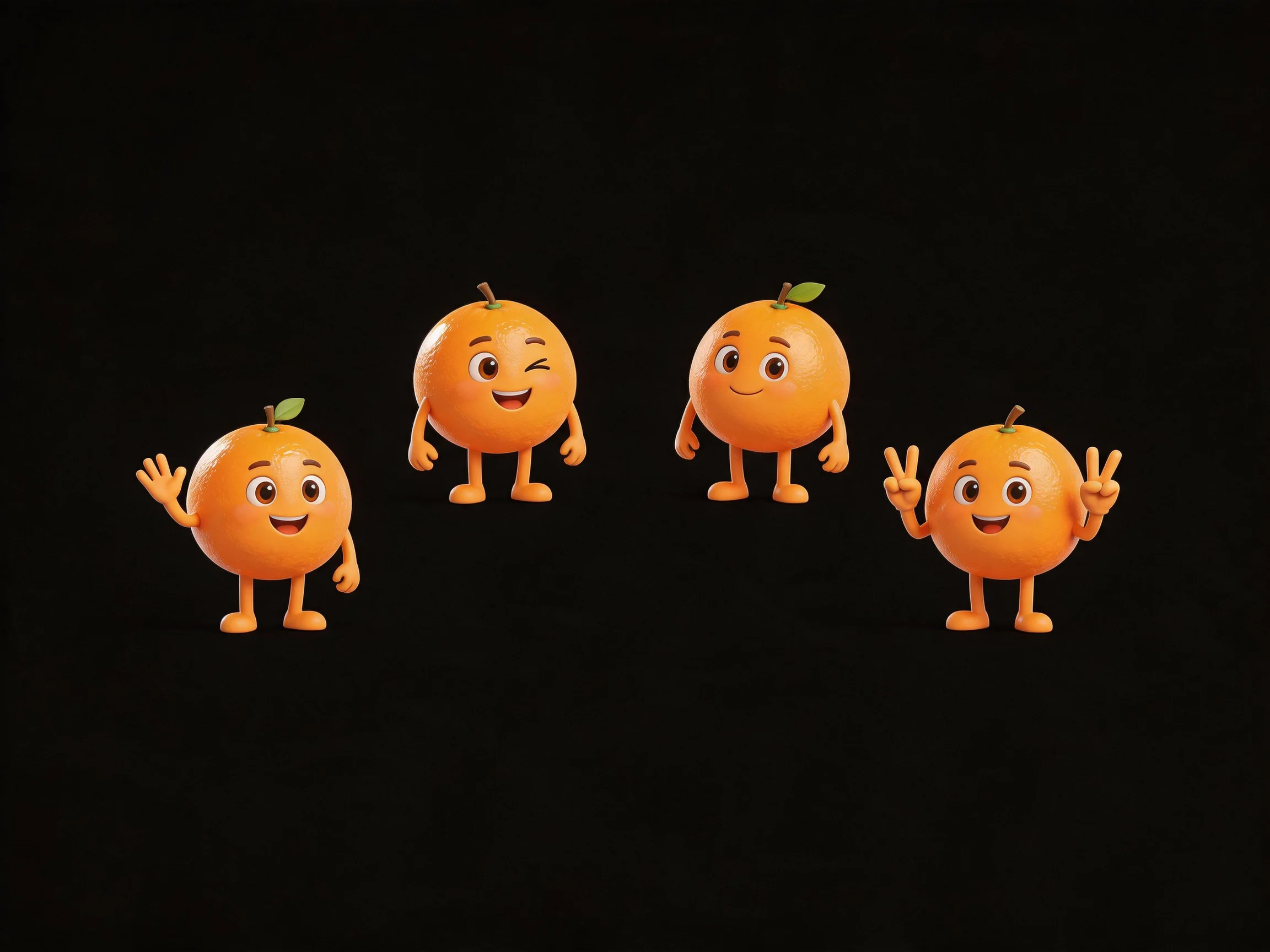 Four cheerful orange cartoon characters with expressive faces