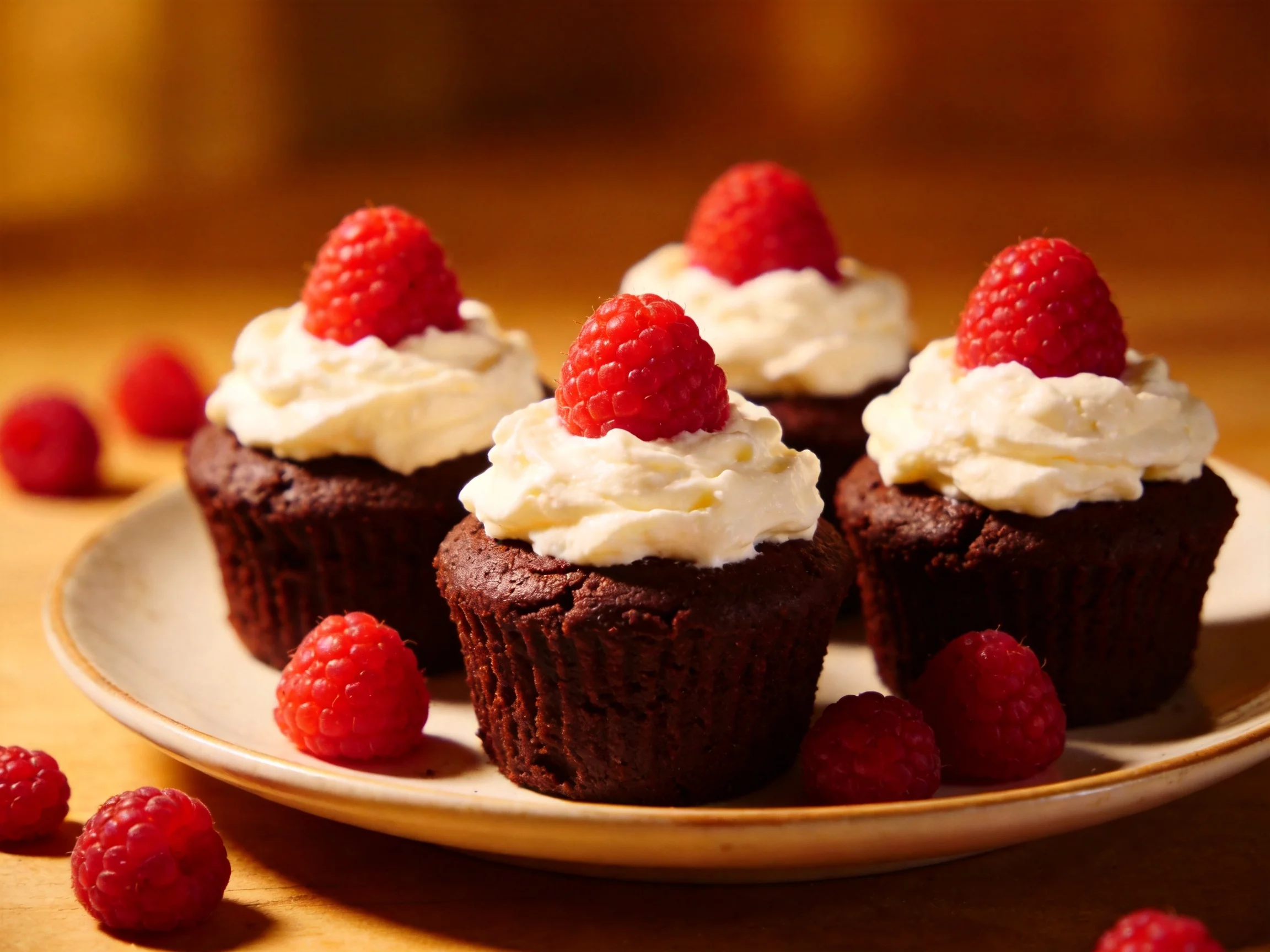 Four chocolate cupcakes with whipped cream and raspberries on a plate