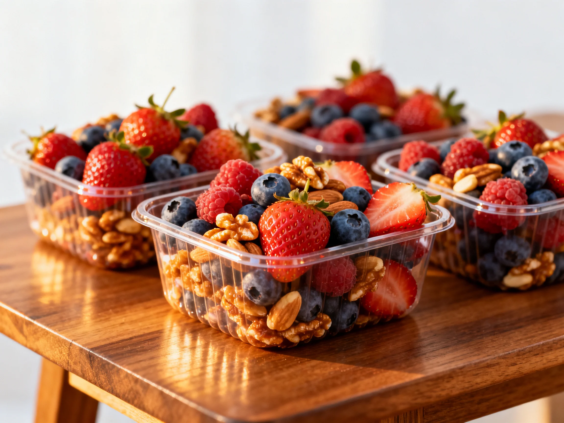 Four clear containers hold mixed berries, nuts, and granola.
