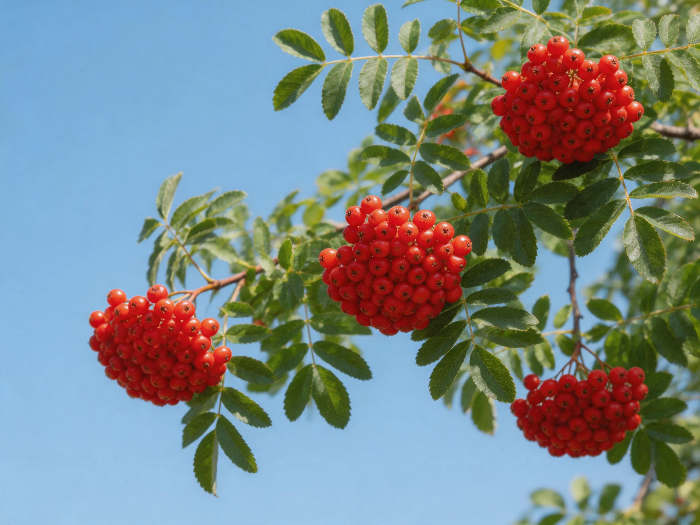 Four clusters of red berries on leafy branches against blue sky
