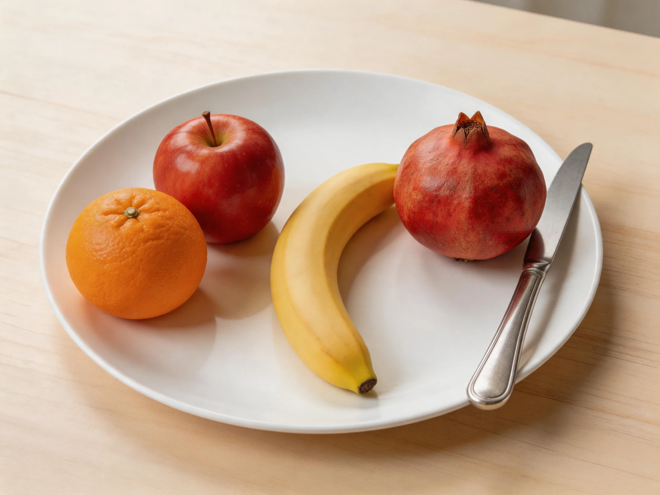 Four colorful fruits and a silver knife arranged on a white plate