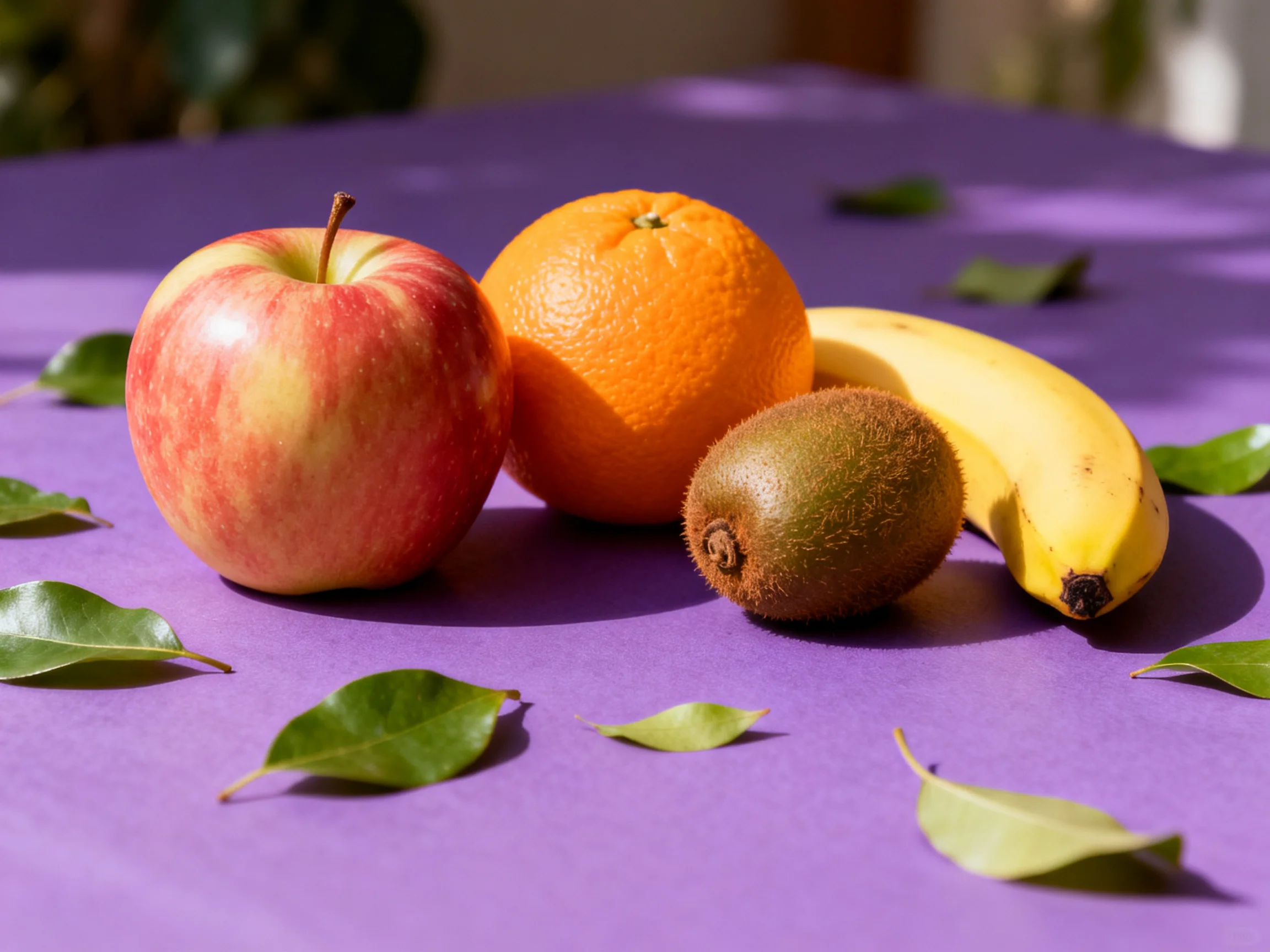 Four colorful fruits displayed on a vivid purple tablecloth with scattered green leaves