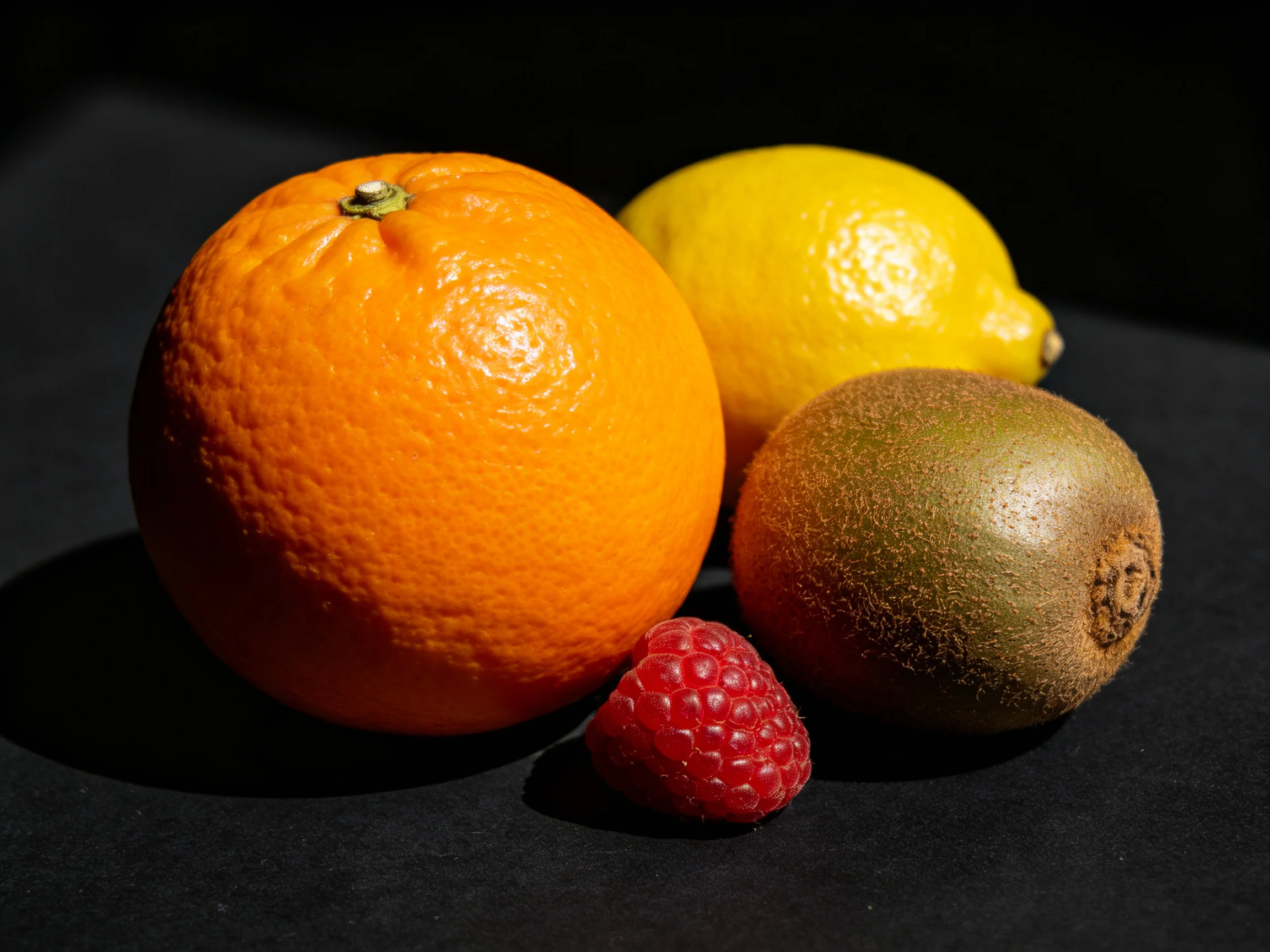 Four colorful fruits—including an orange, lemon, kiwi, and raspberry—arranged on a dark surface