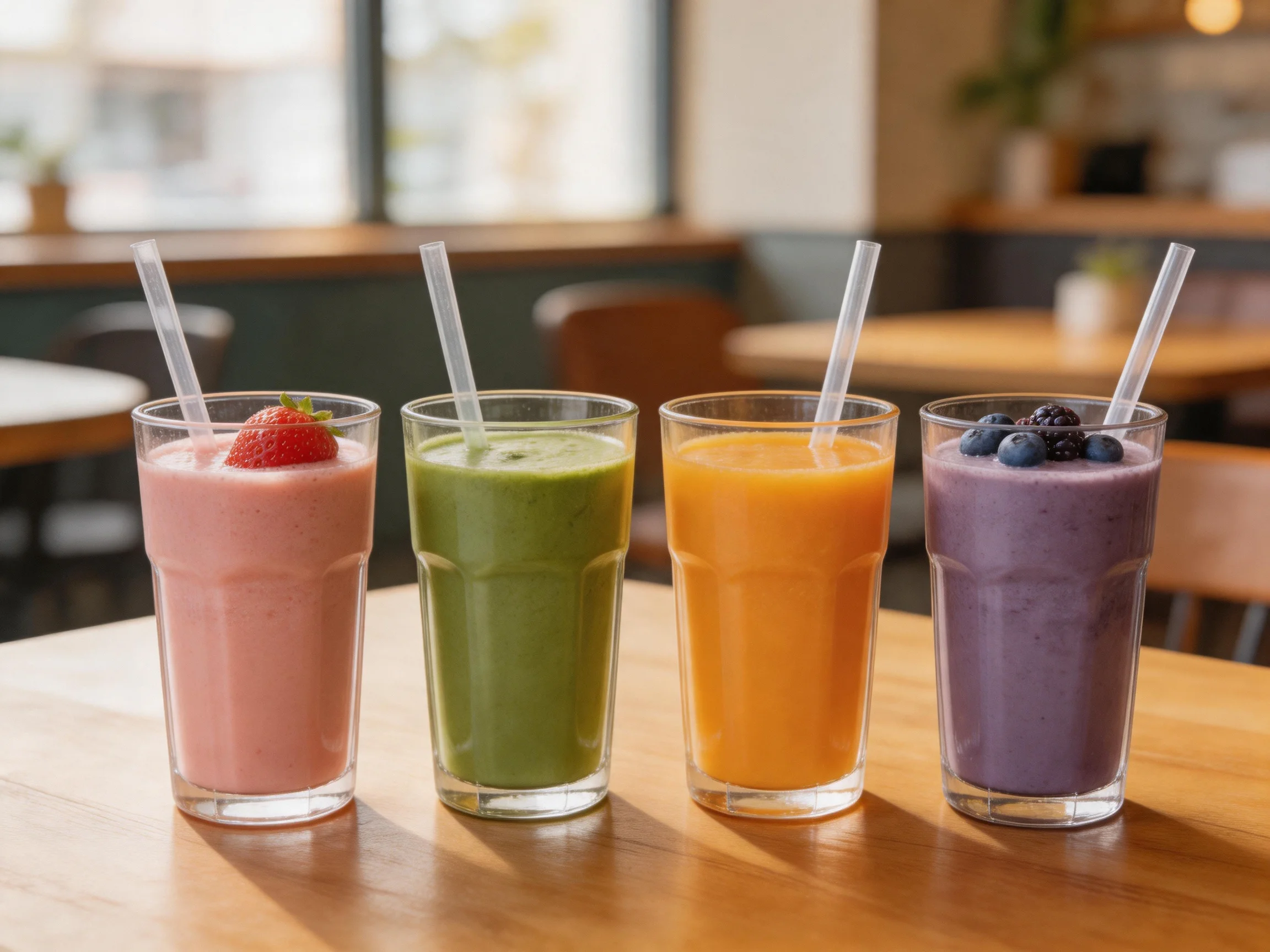 Four colorful smoothie drinks lined up on a wooden table