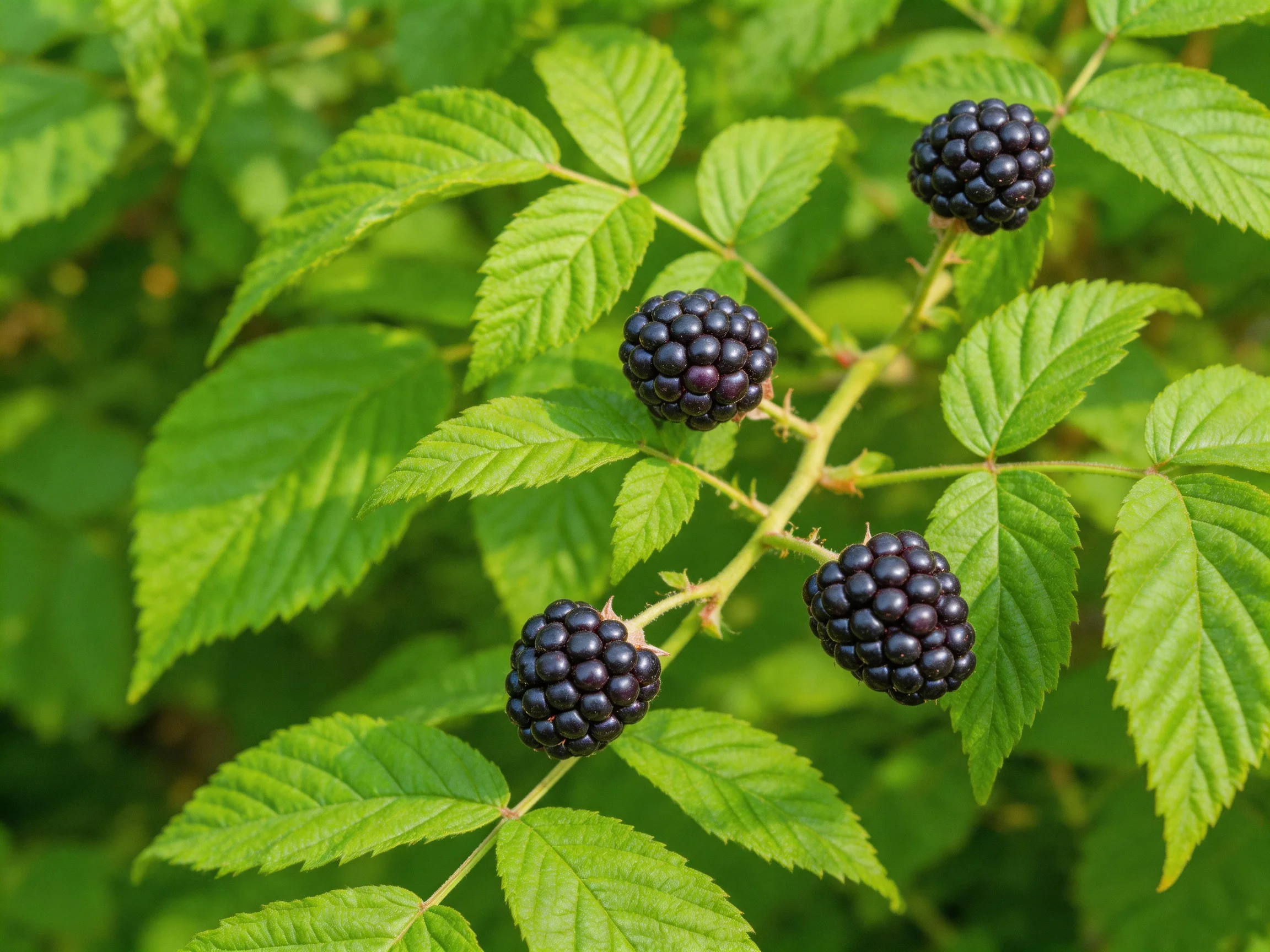 Four dark purple blackberries cluster on green leafy branches