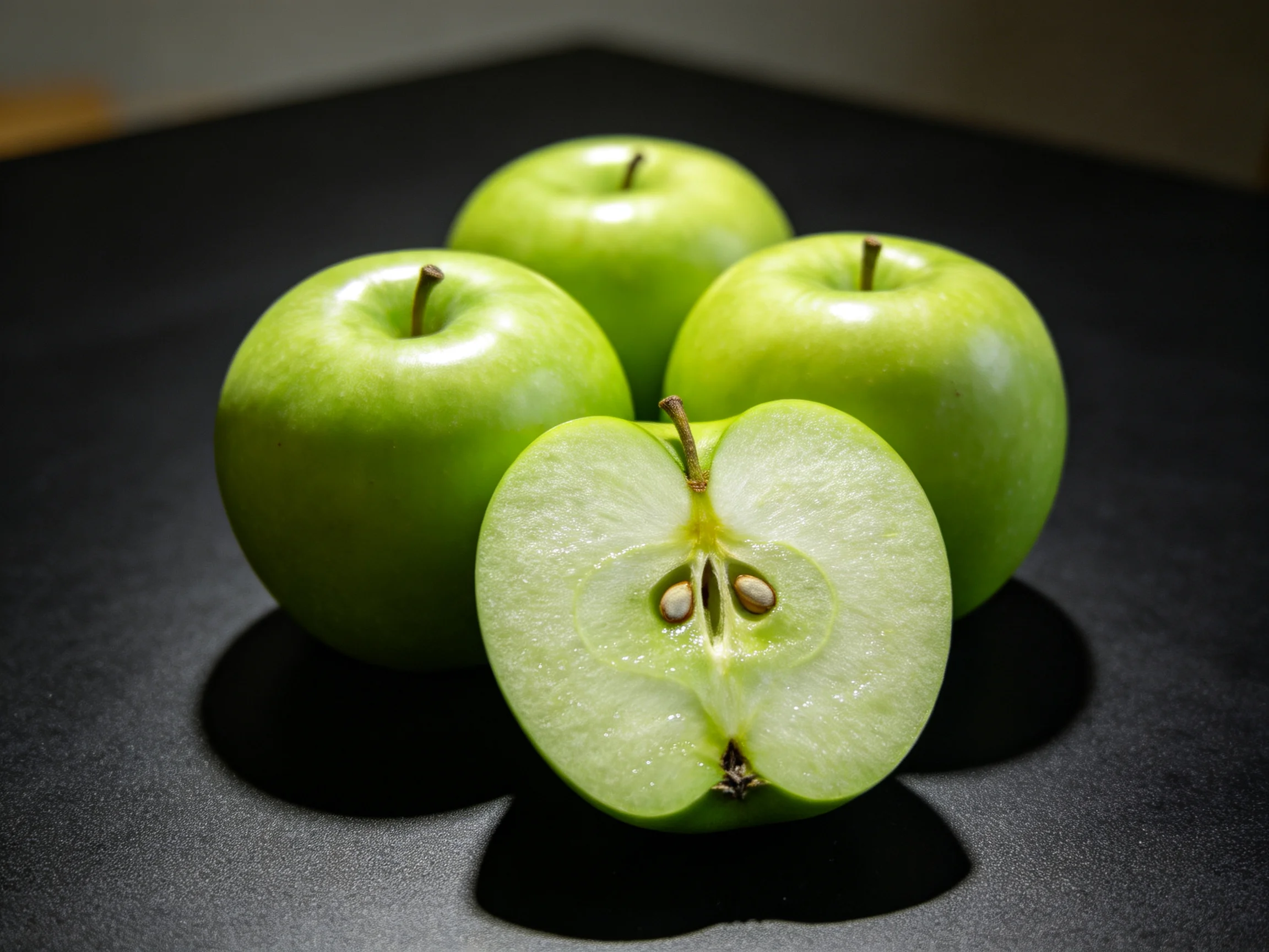 Four fresh green apples arranged with one sliced open