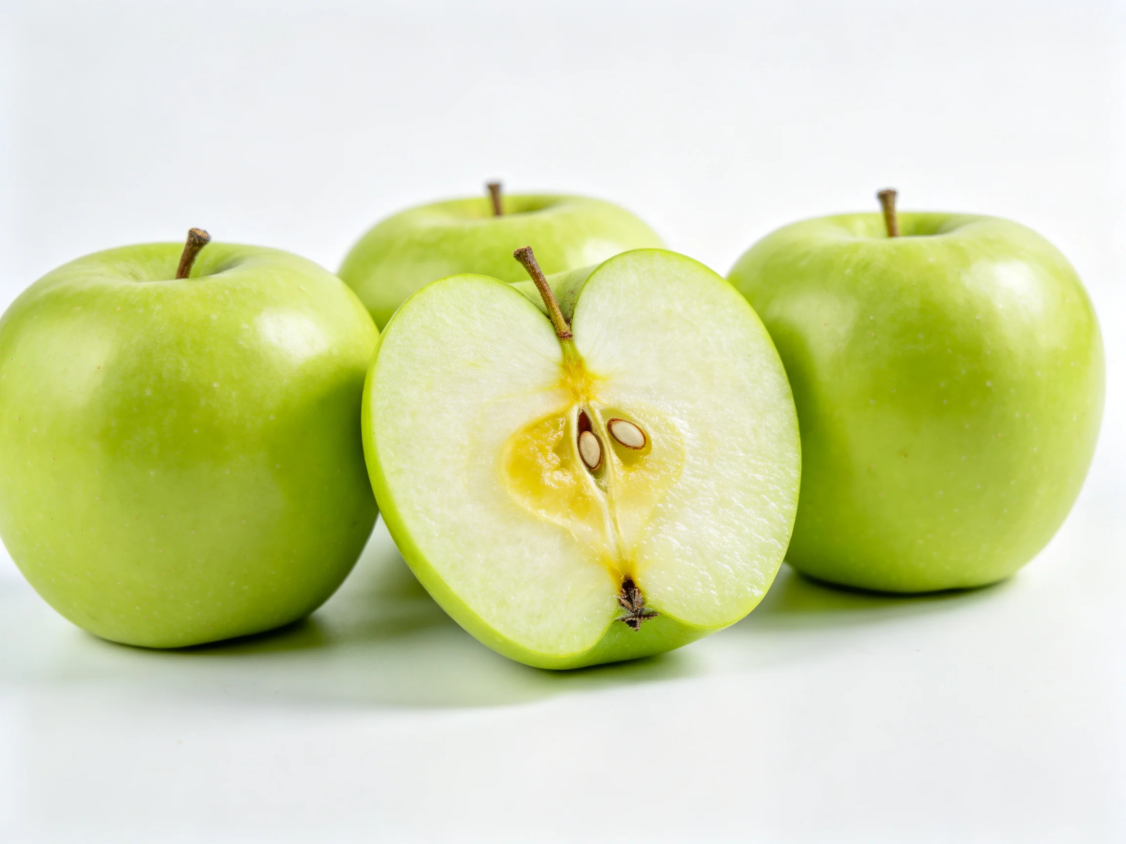 Four fresh green apples, one sliced to show interior details
