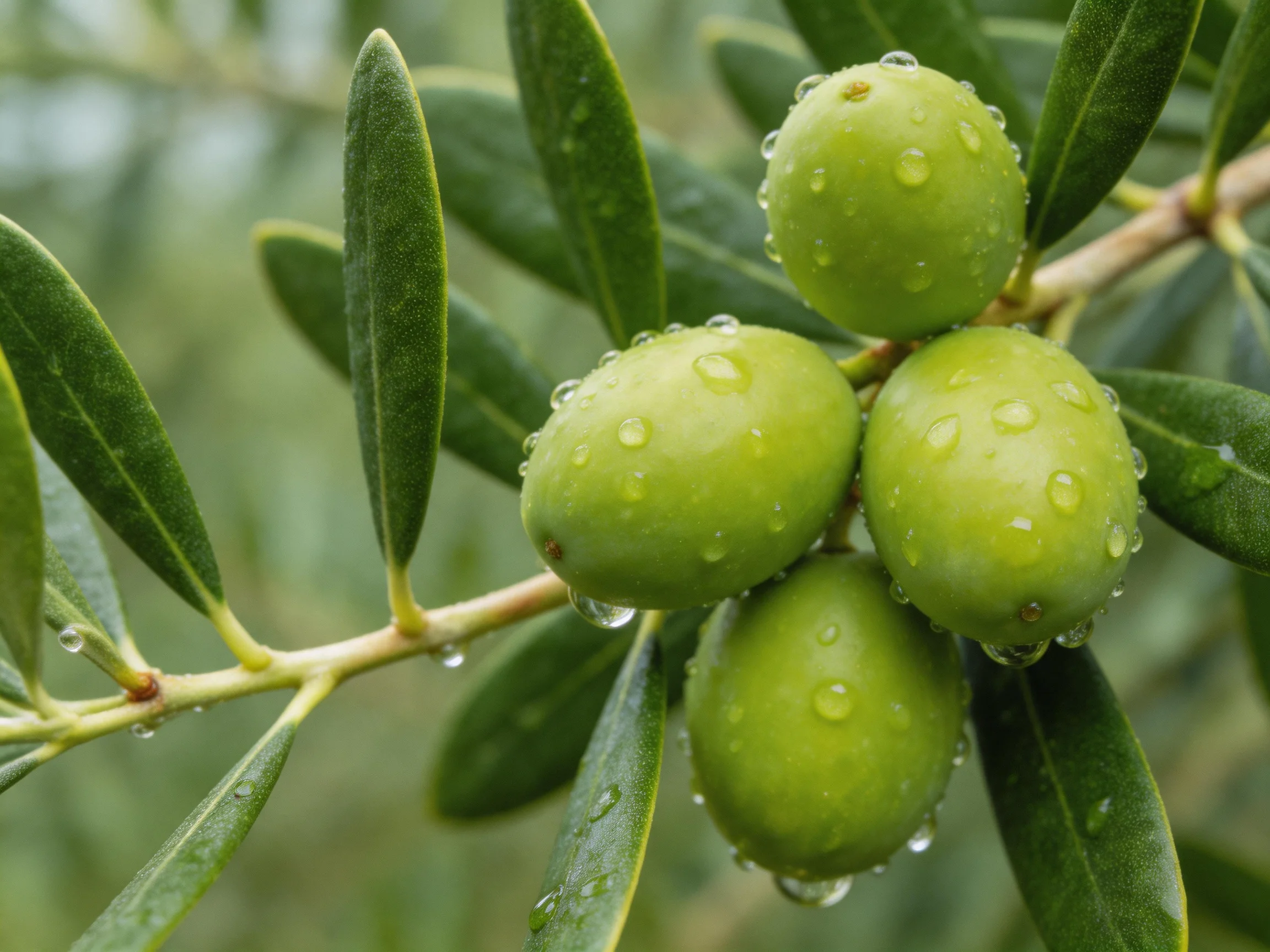 Four fresh green olives with water droplets on an olive branch