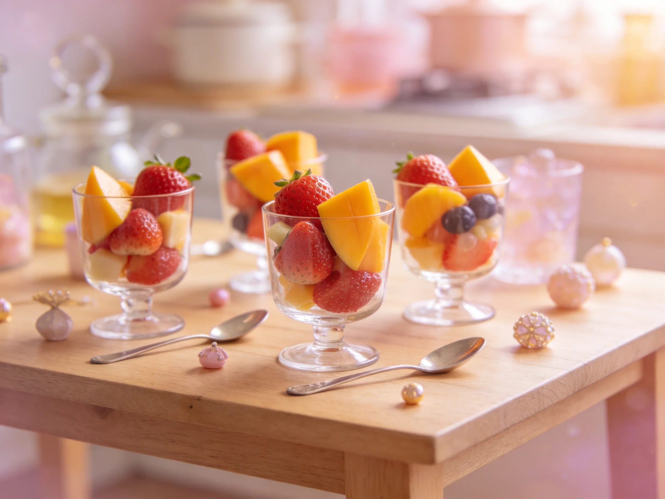 Four glass cups of vibrant mixed fruits on a wooden table with utensils and ornaments.
