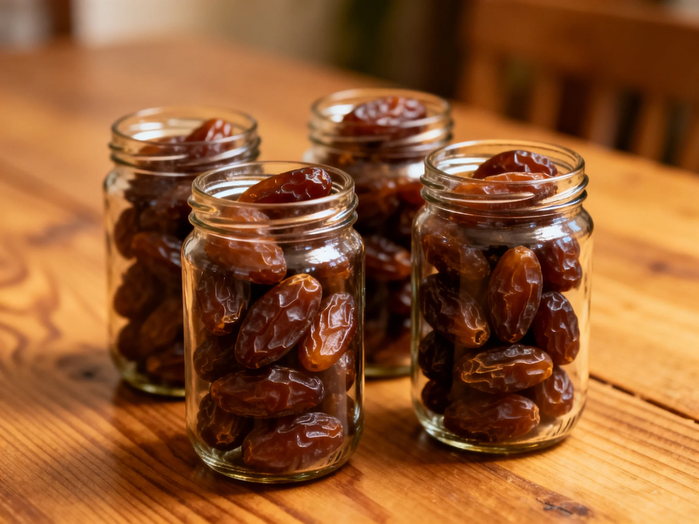 Four glass jars filled with glossy dark dates sit on a wooden table