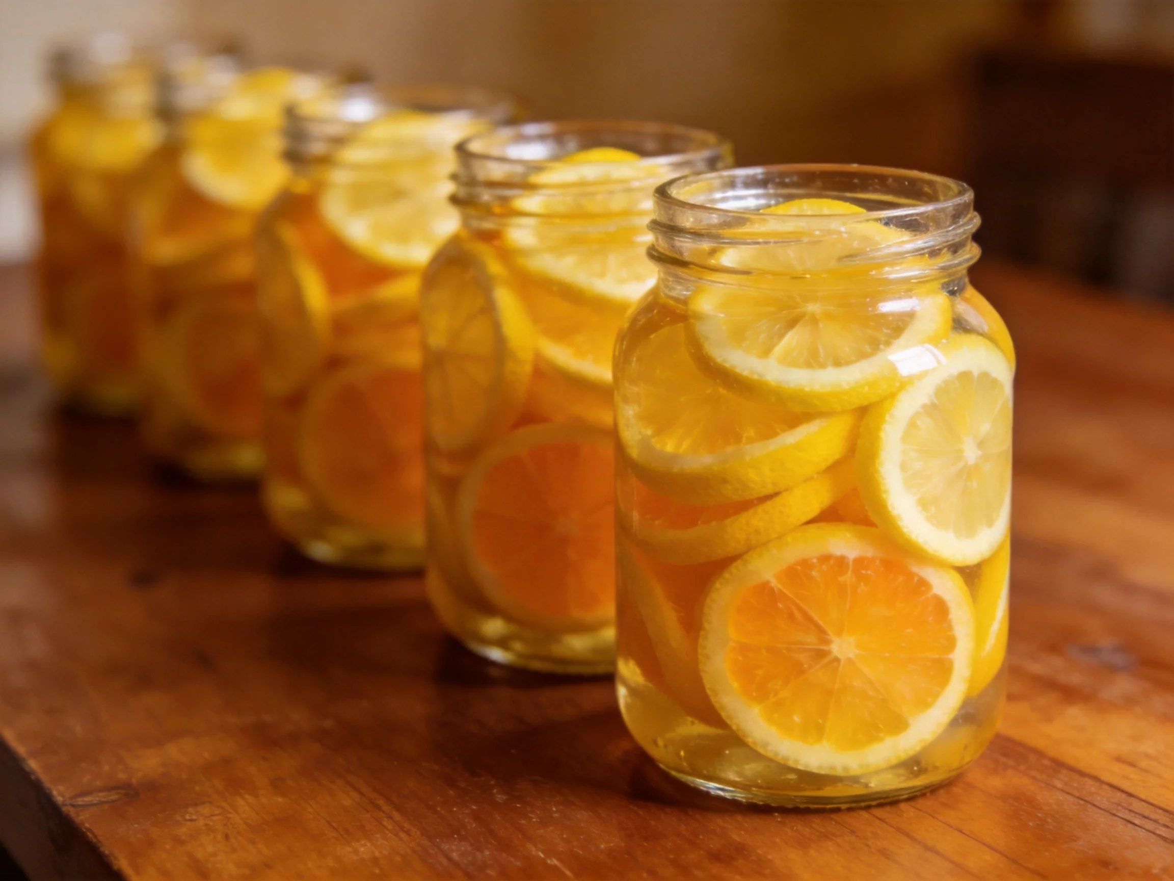 Four glass jars with citrus slices on a wooden table