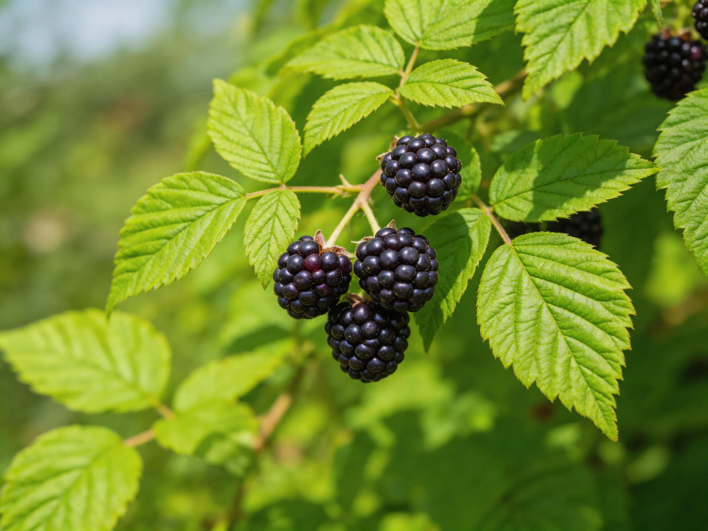 Four glossy blackberries cluster amid vibrant green leaves