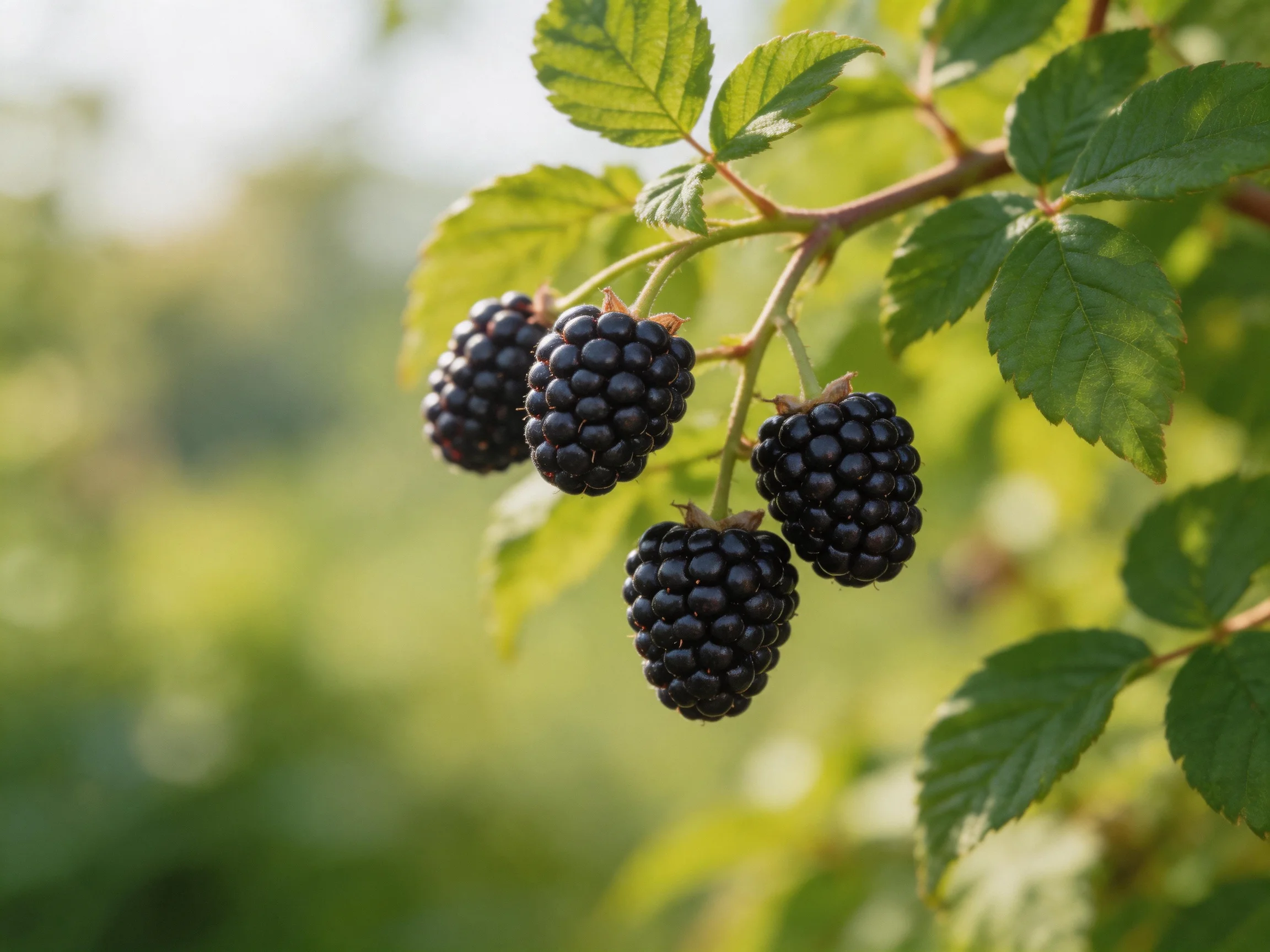 Four glossy blackberries cluster among vibrant green leaves