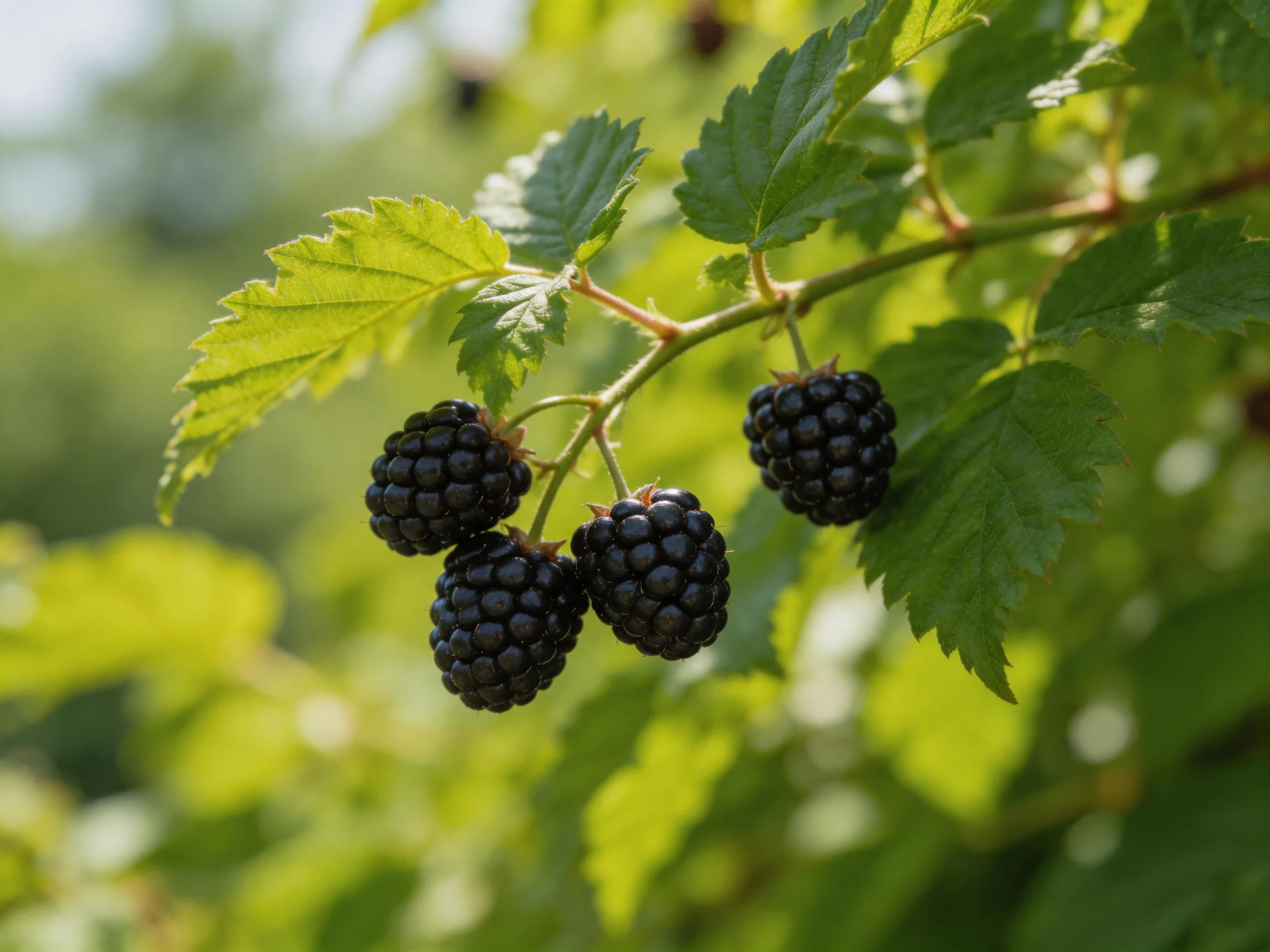 Four glossy blackberries cluster on a leafy branch under sunlight