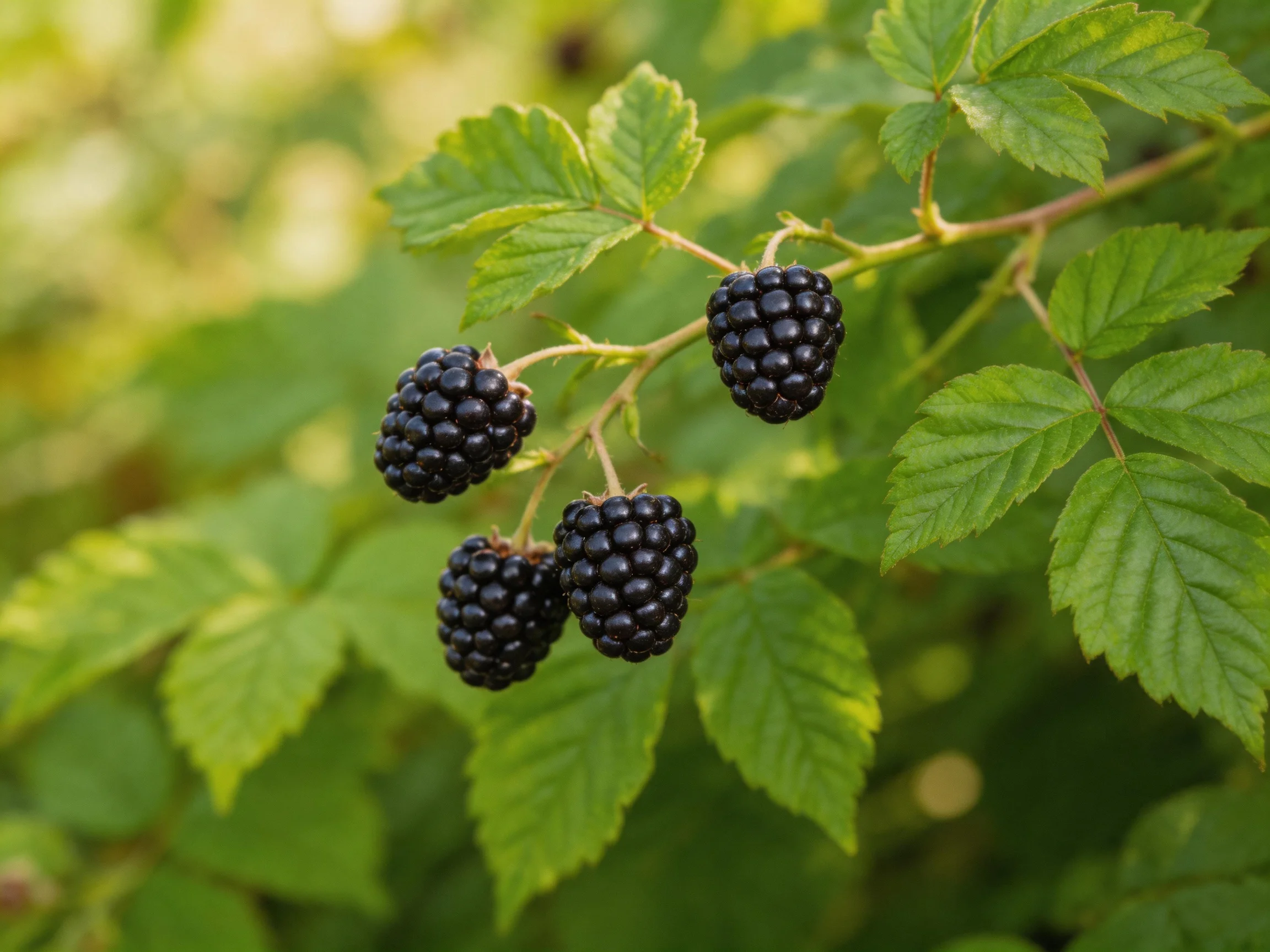 Four glossy blackberries cluster on a leafy branch