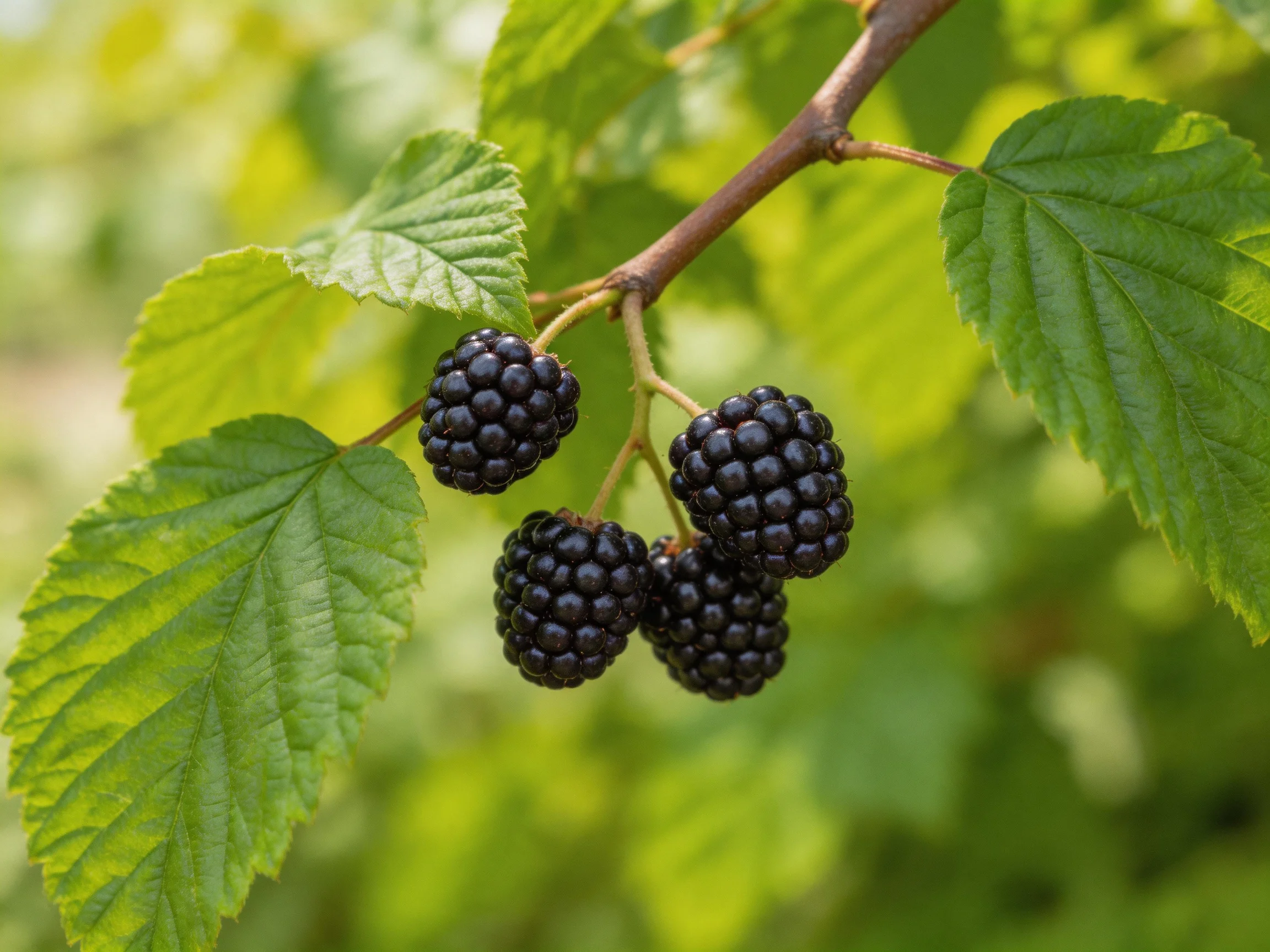 Four glossy blackberries hang from a branch with vibrant green leaves
