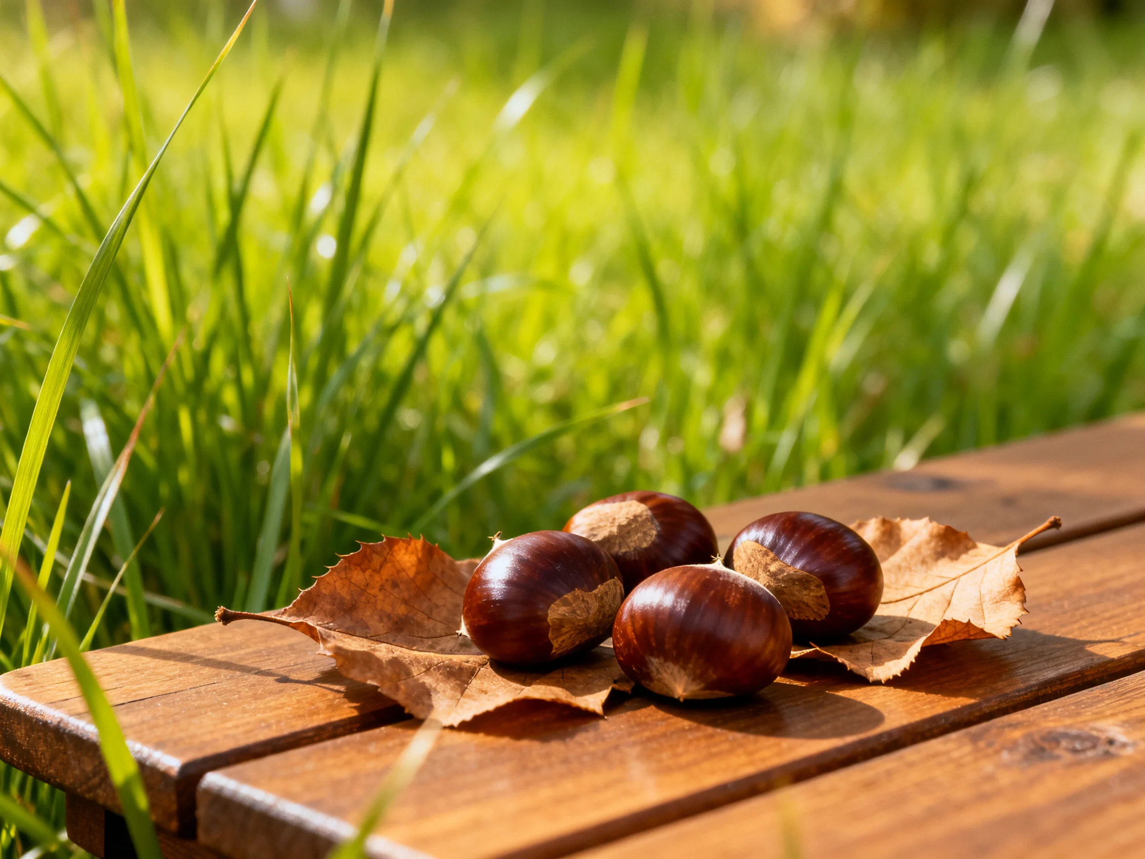 Four glossy brown chestnuts rest on dried leaves atop a wooden bench near lush green grass.