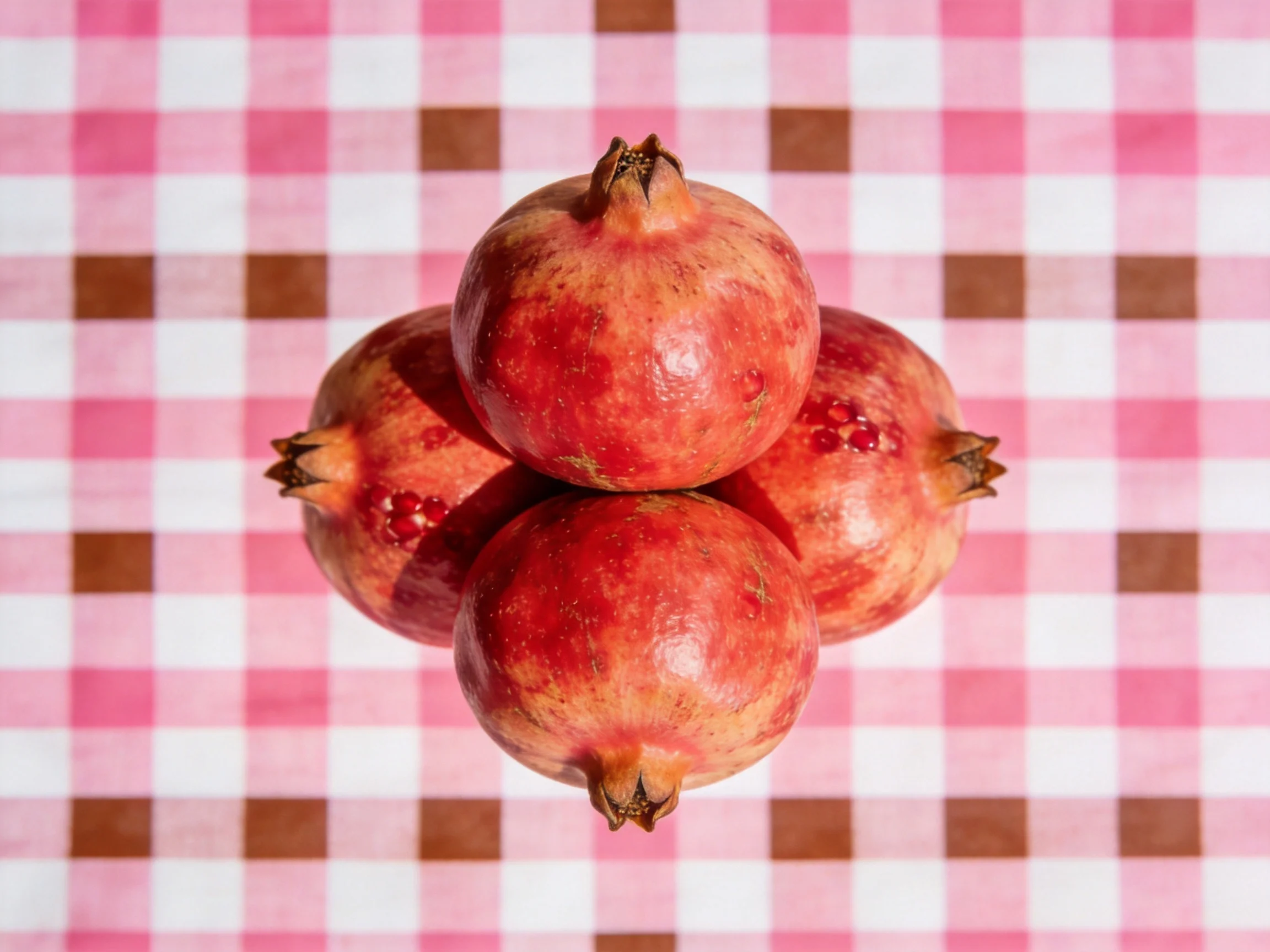 Four glossy pomegranates rest upon a pink and brown checkered textile