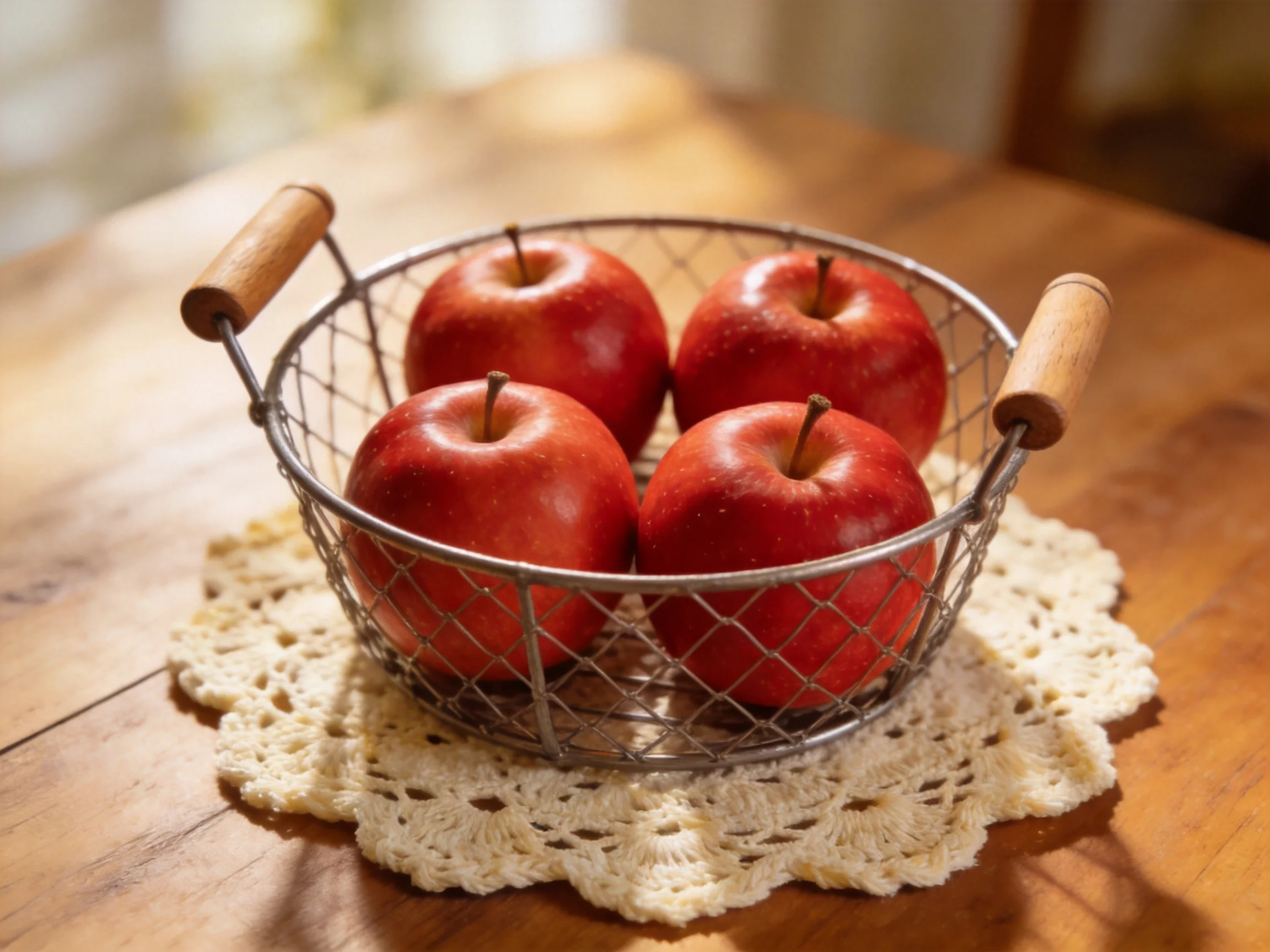 Four glossy red apples in a wire basket on a crocheted doily