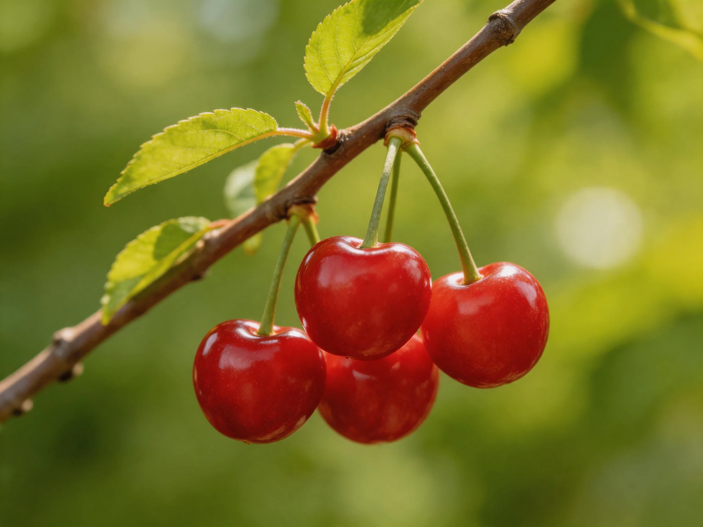 Four glossy red cherries dangle from a brown tree branch with green leaves