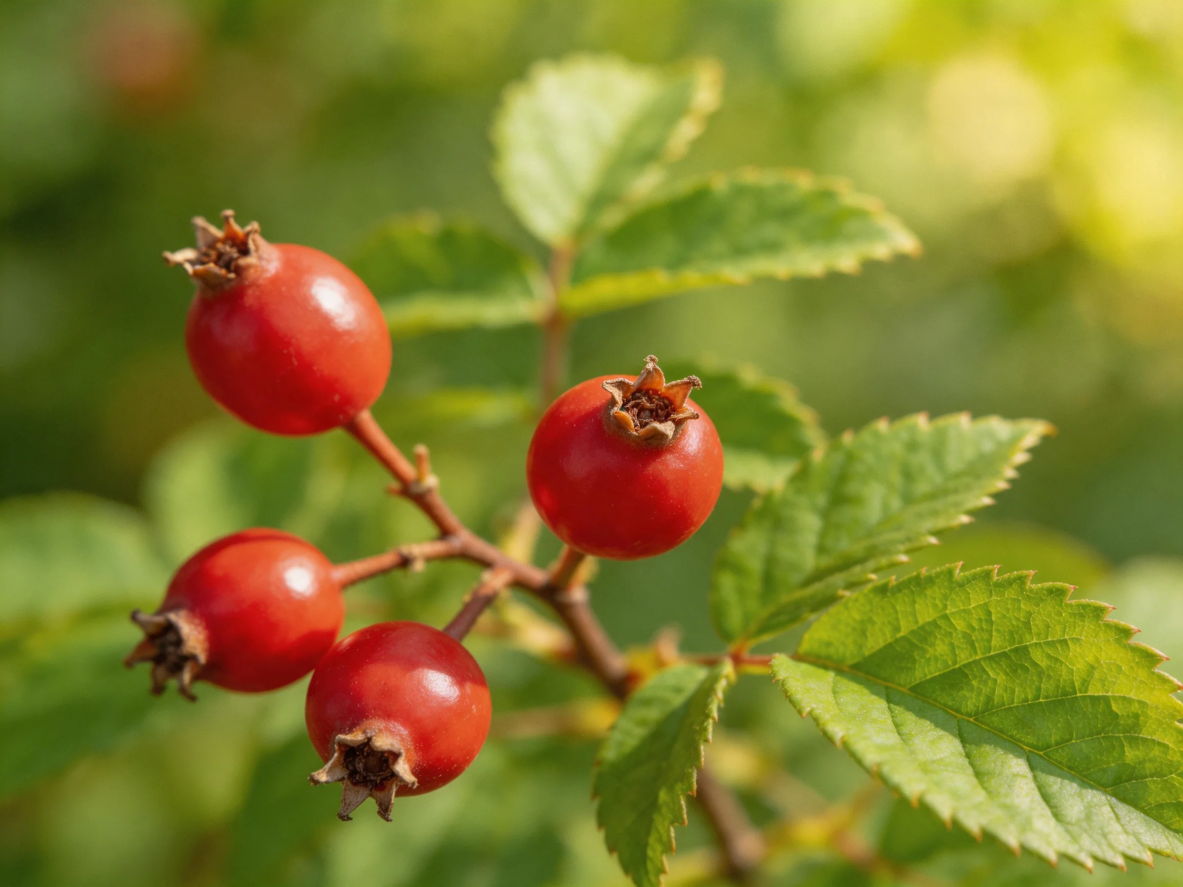 Four glossy red rose hips attached to a leafy branch