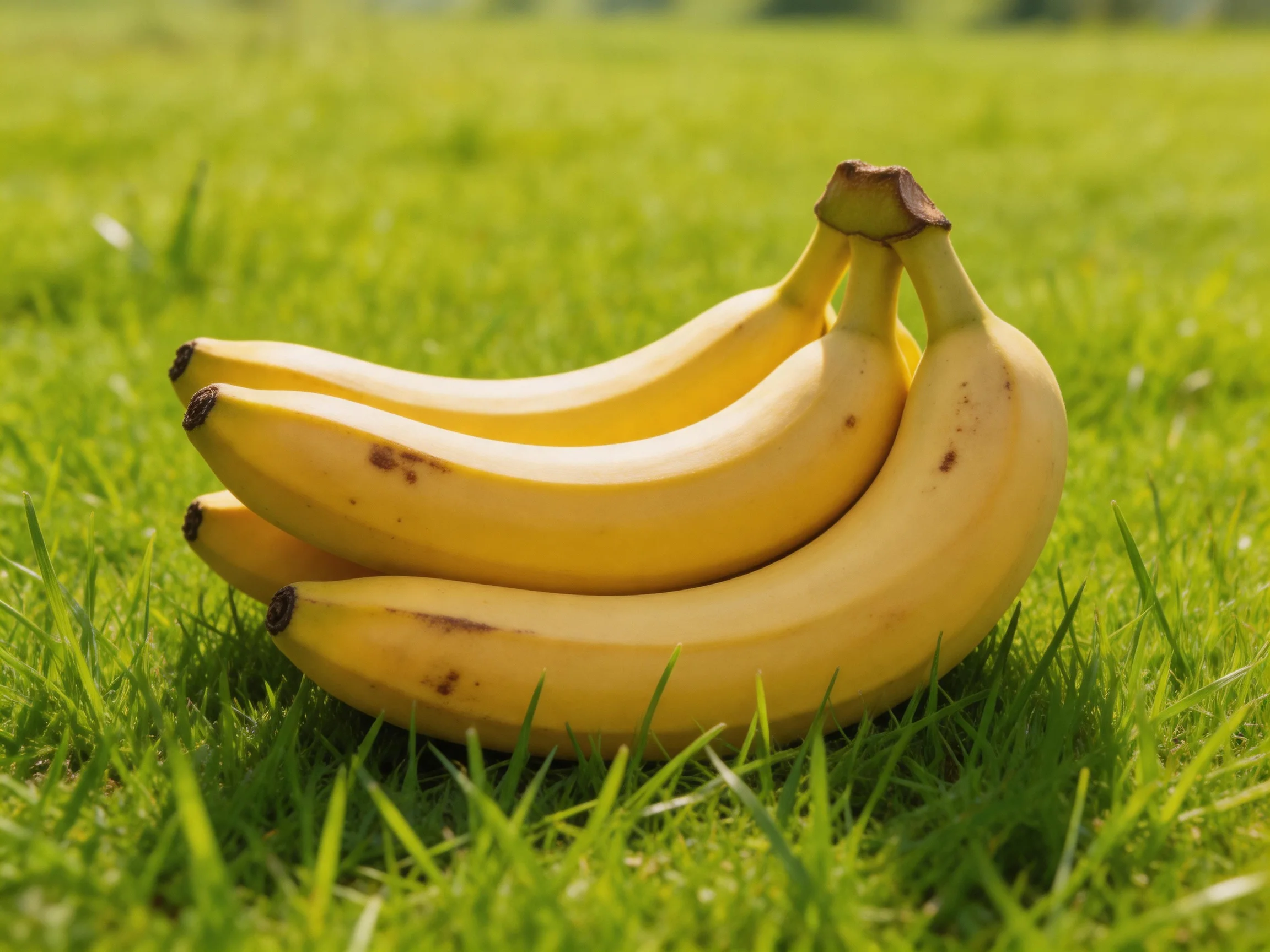 Four golden bananas arranged on lush green grass
