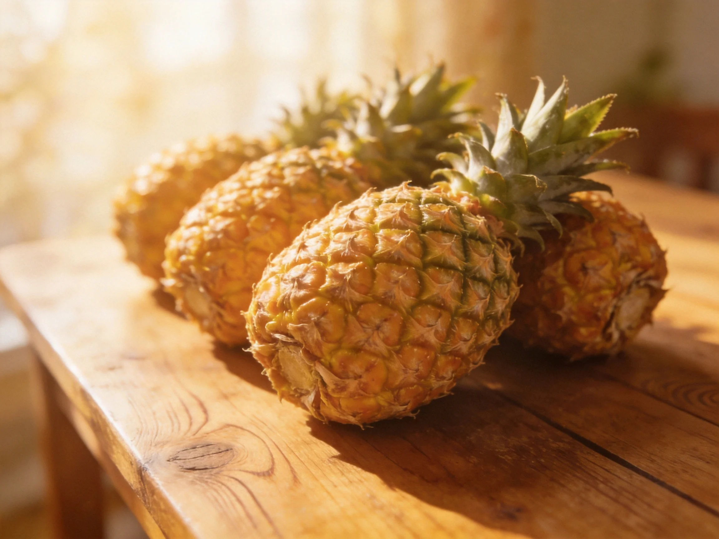 Four golden pineapples on a wooden table in sunlight