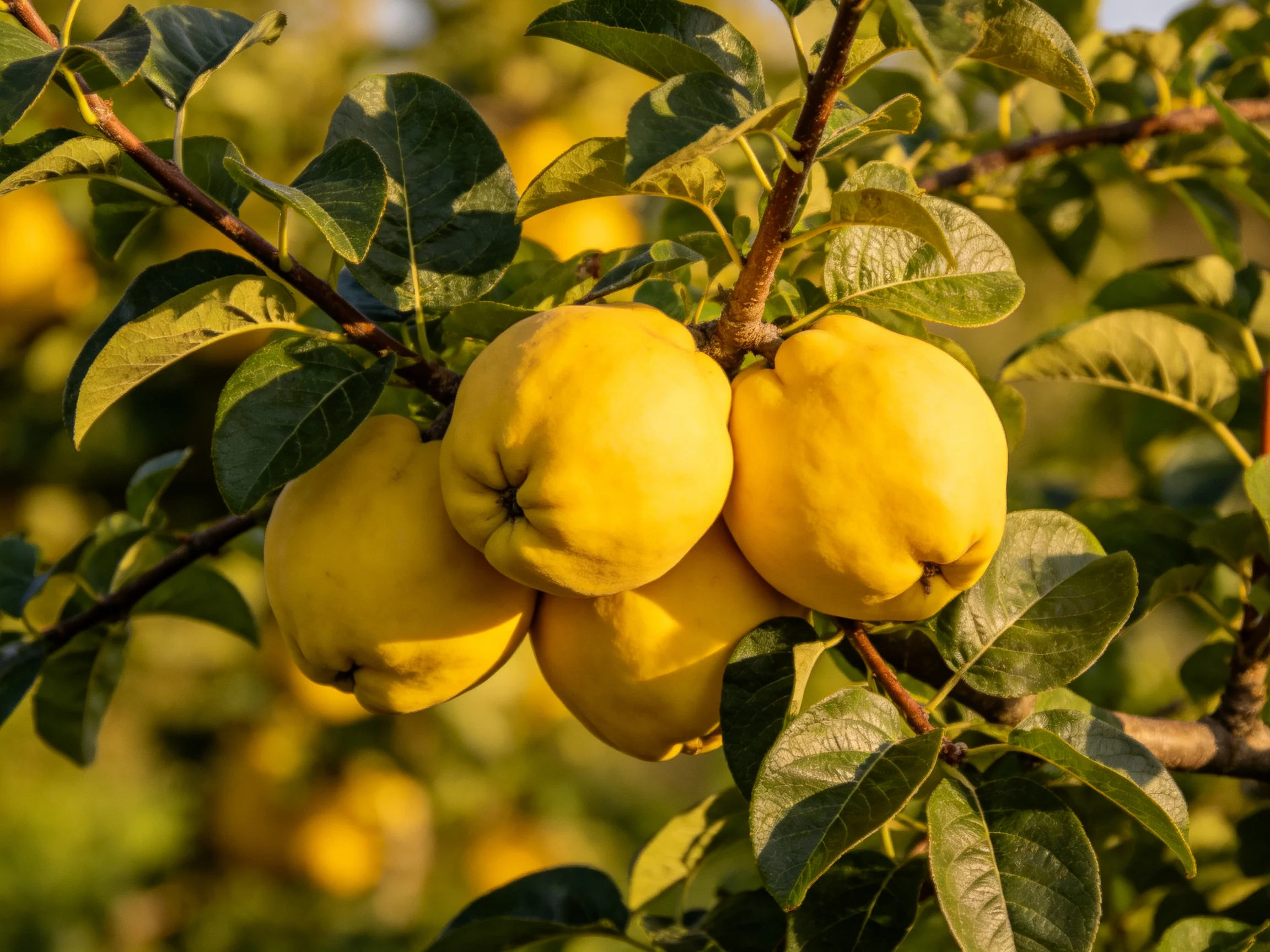 Four golden quince fruits cluster on a leafy tree branch