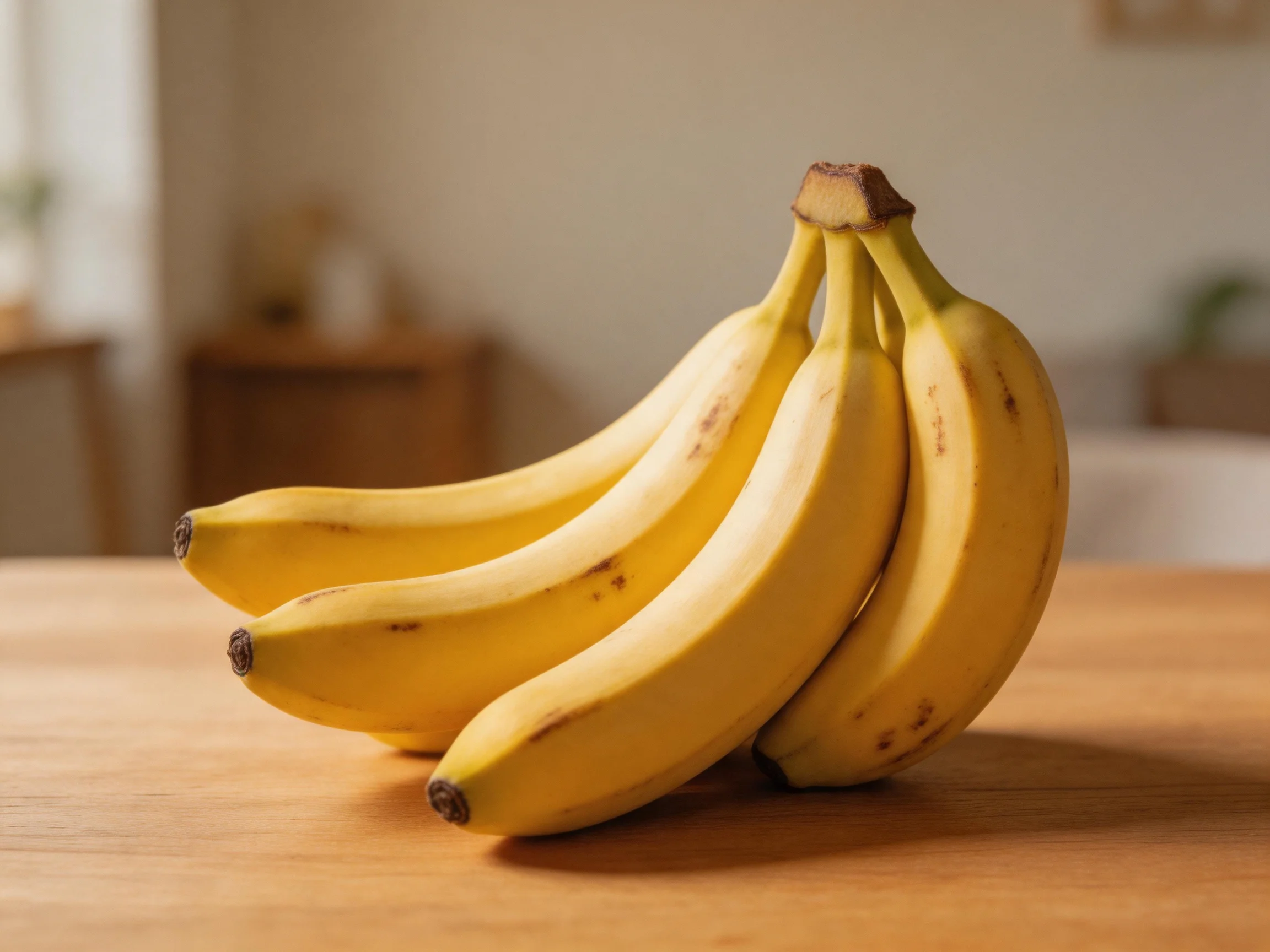 Four golden-yellow bananas grouped on a wooden table in a softly lit room