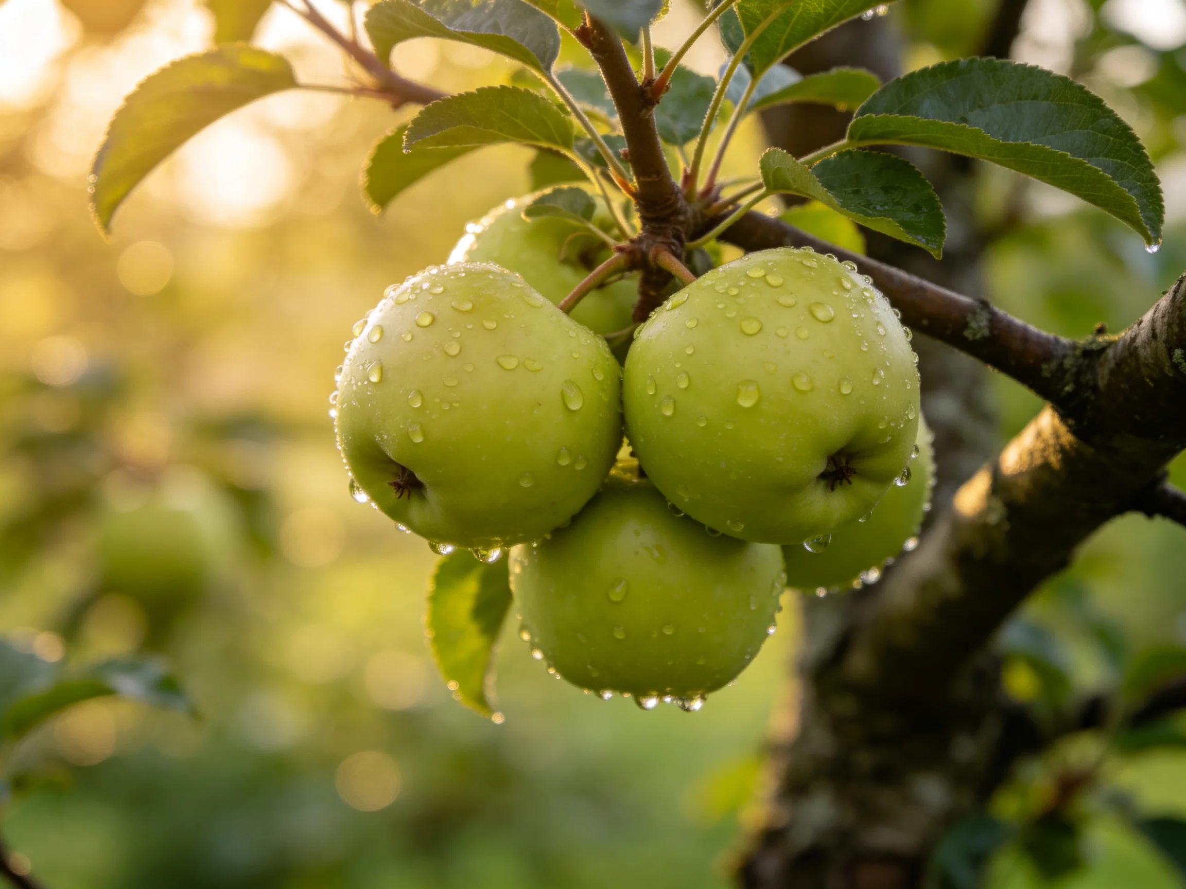 Four green apples with dewdrops hang from a tree branch