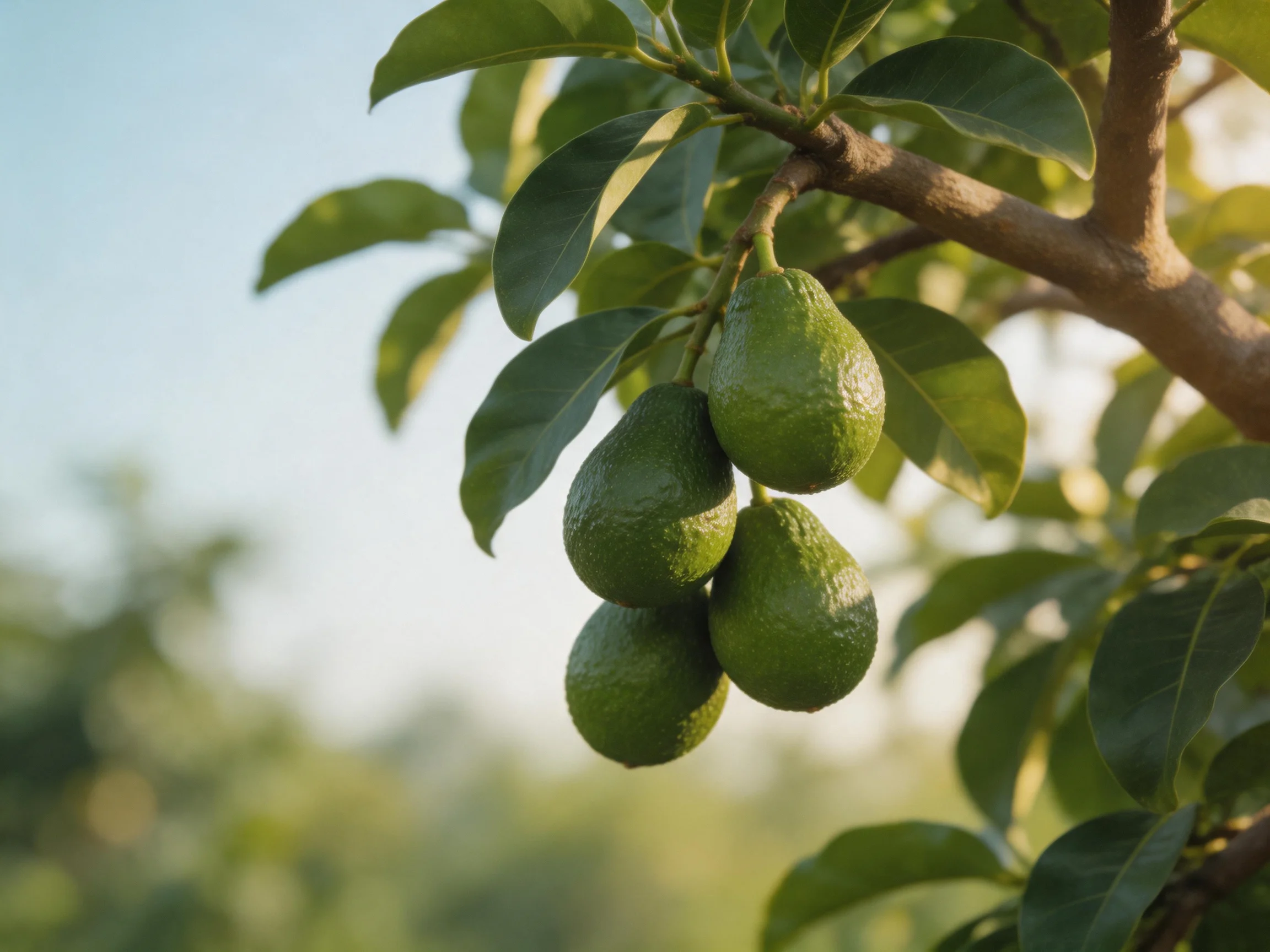 Four green avocados hang from a tree branch with broad leaves