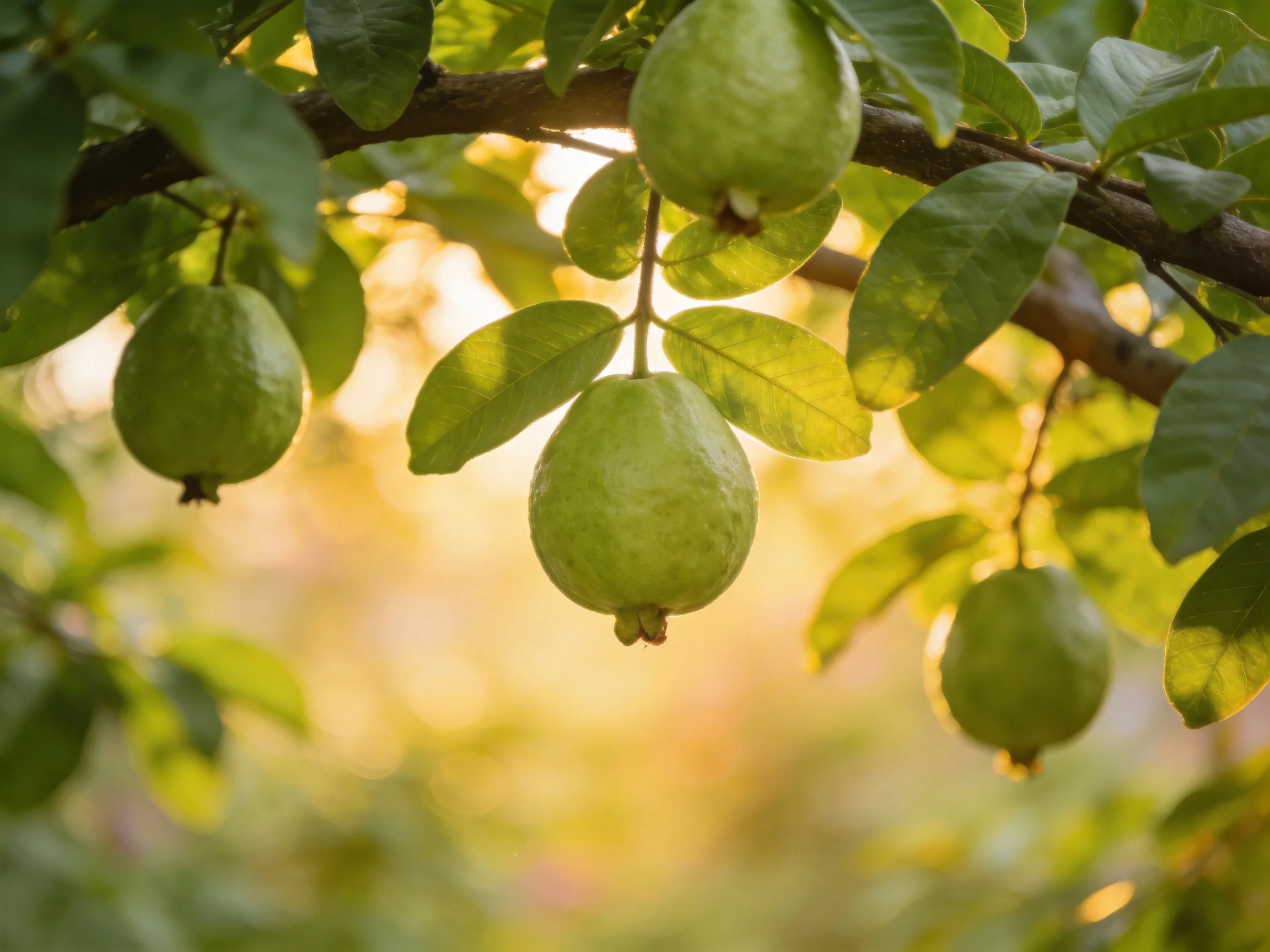 Four green guavas hang from a branch amidst lush leaves in golden sunlight