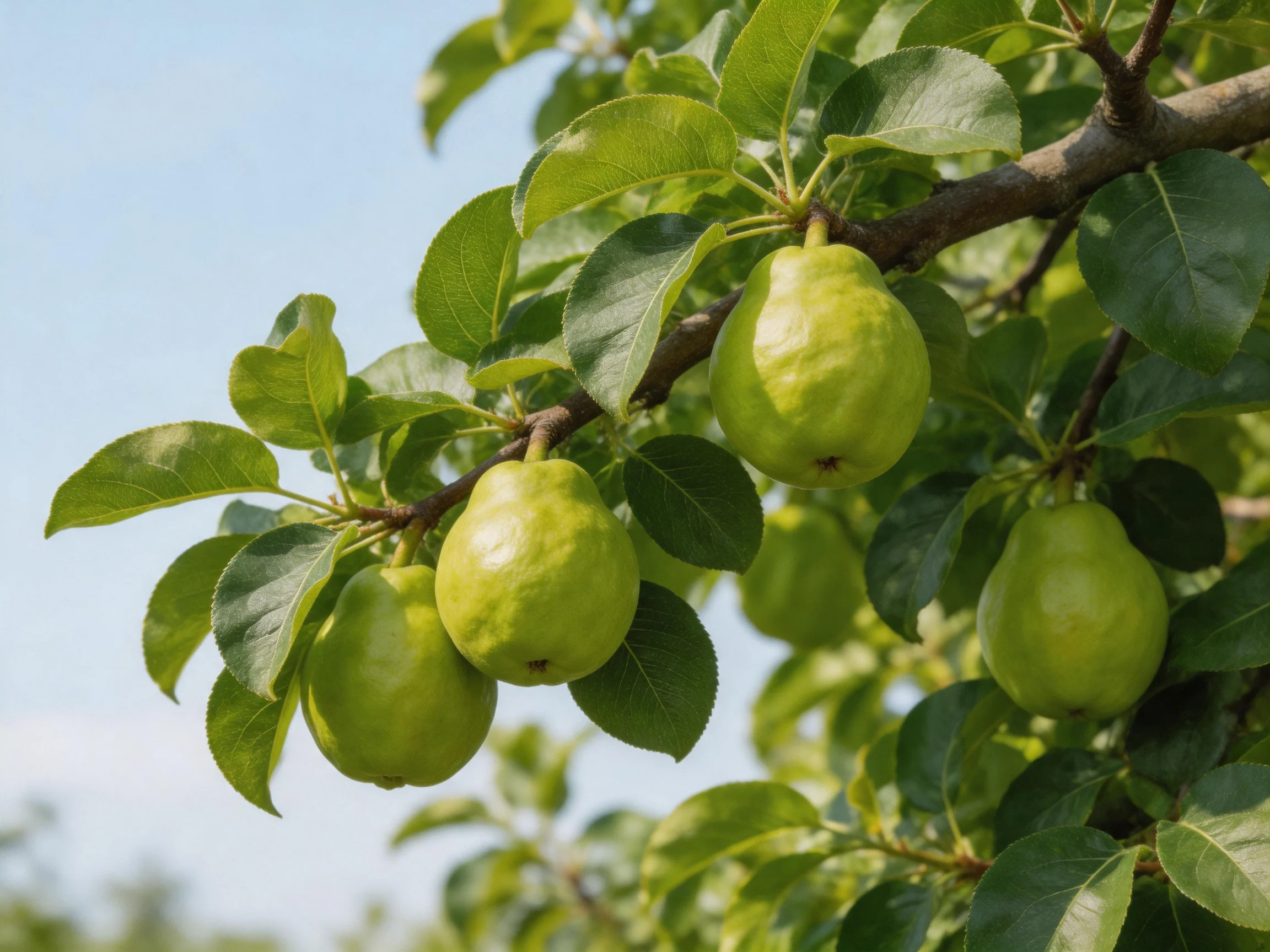 Four green pears hang from tree branches amid lush green leaves