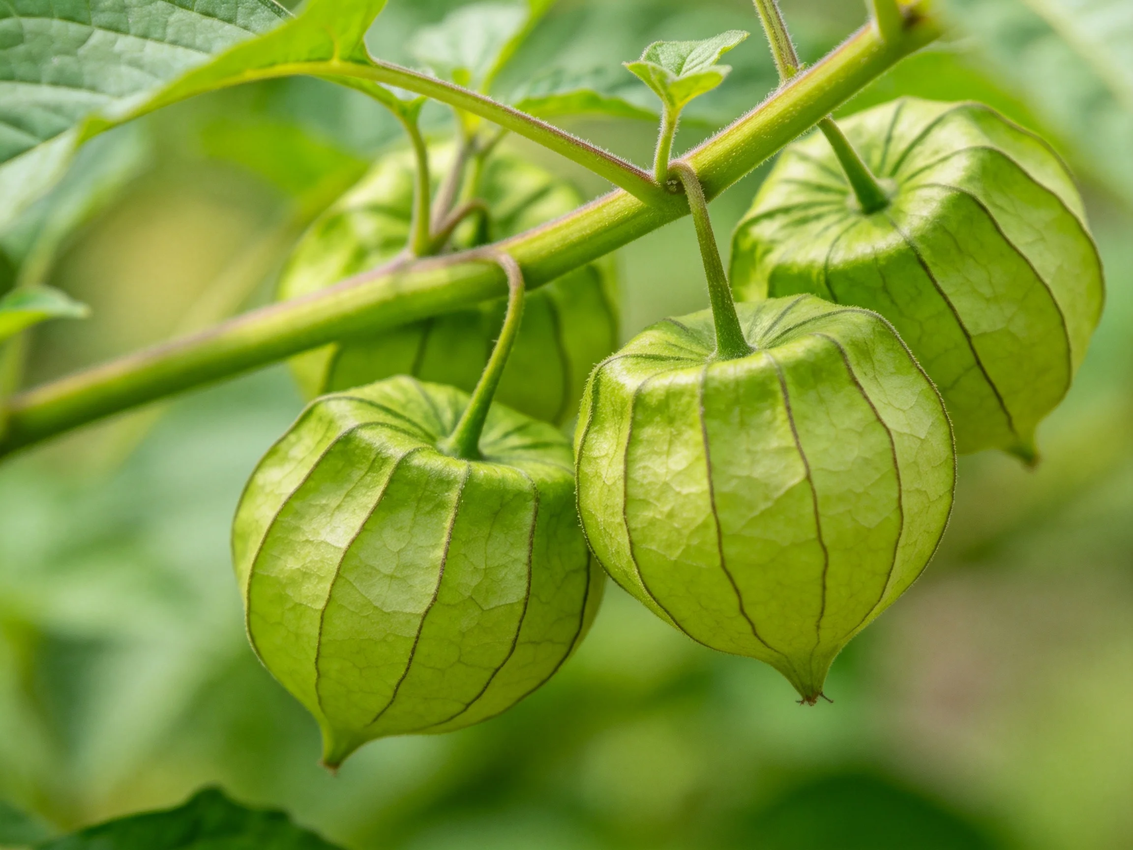 Four green physalis fruits hang from a curved branch