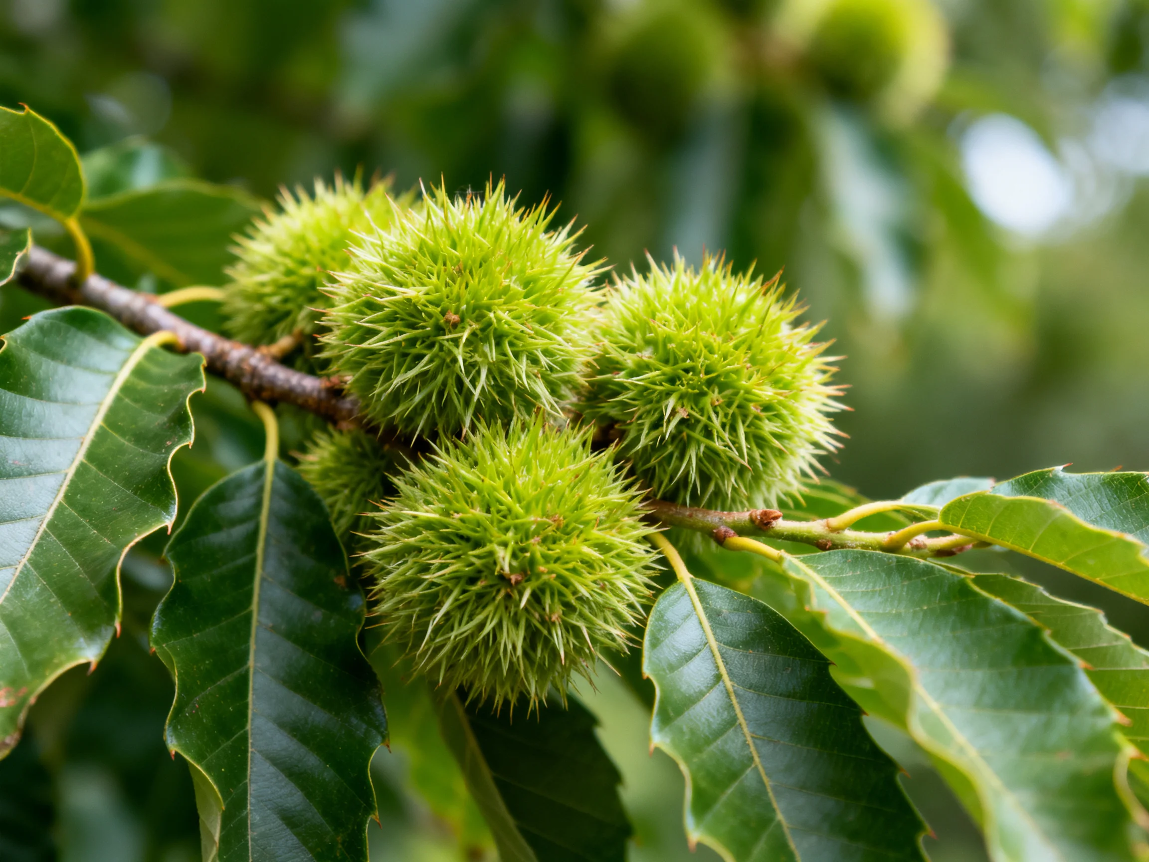 Four green spiky chestnuts cluster on a brown tree branch amid glossy leaves
