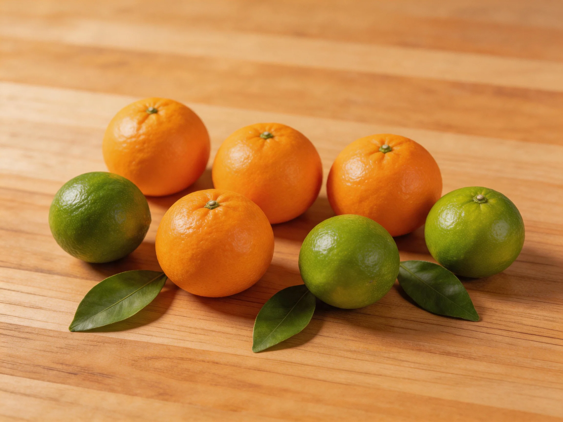 Four oranges and two limes arranged on a wooden surface