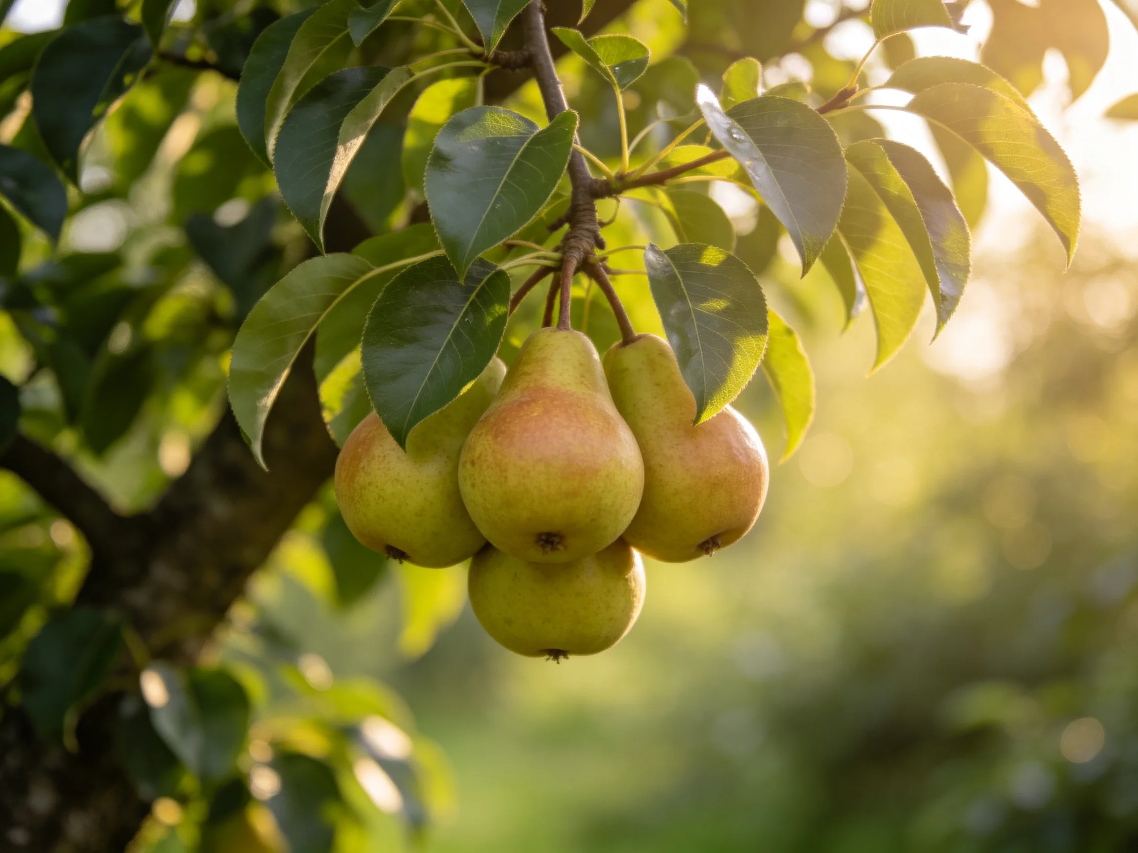 Four pears with green and hues hang from a tree branch in golden sunlight