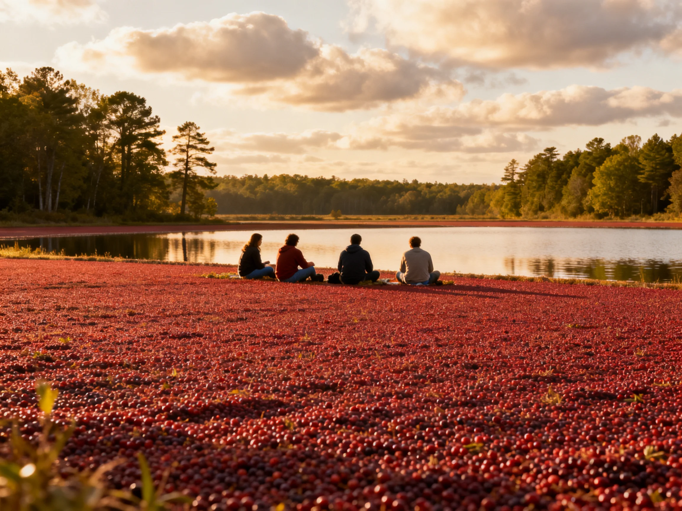 Four people sit by a lake in a vast red cranberry field