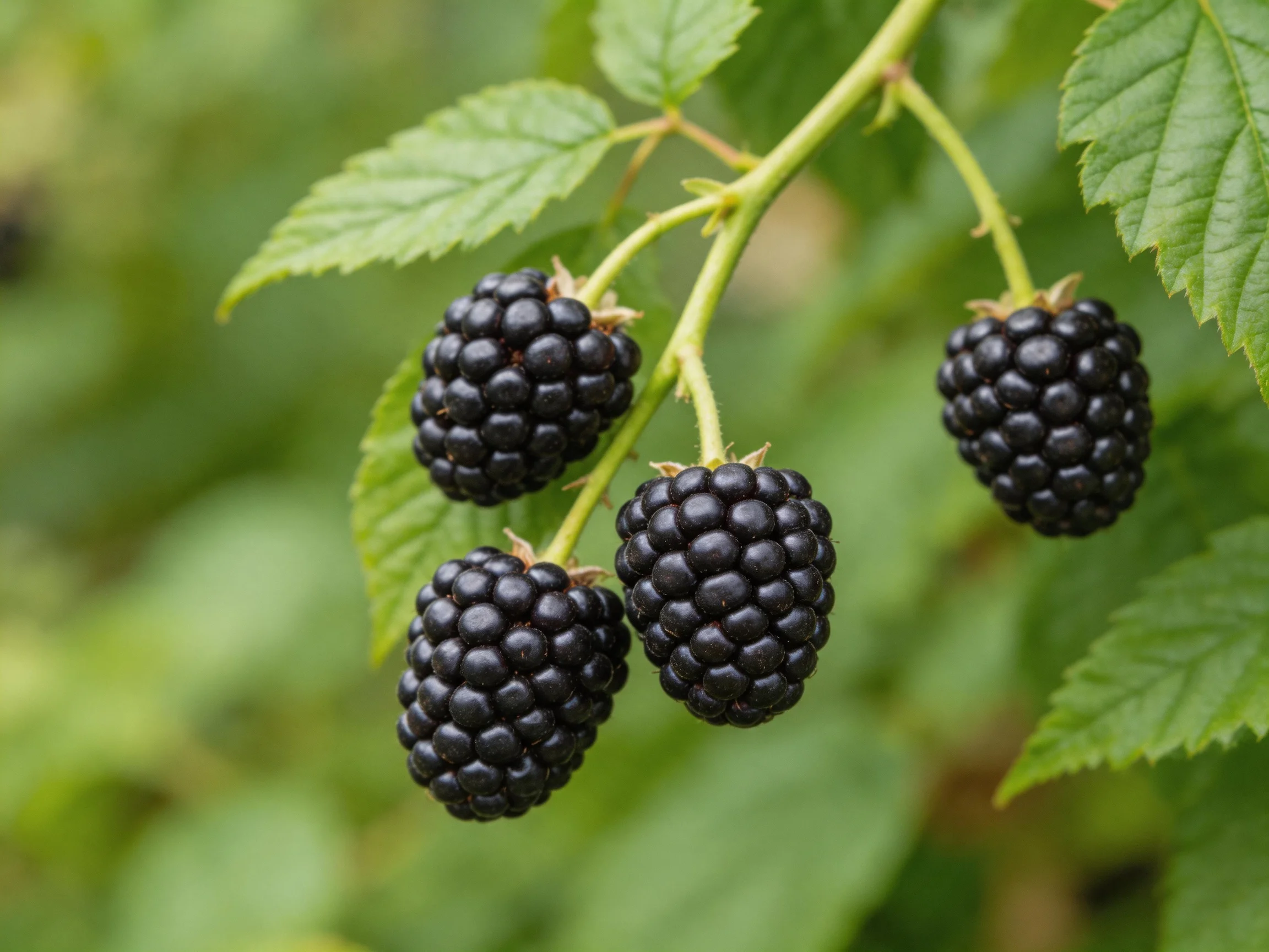 Four plump blackberries hang from a branch amid vibrant green foliage