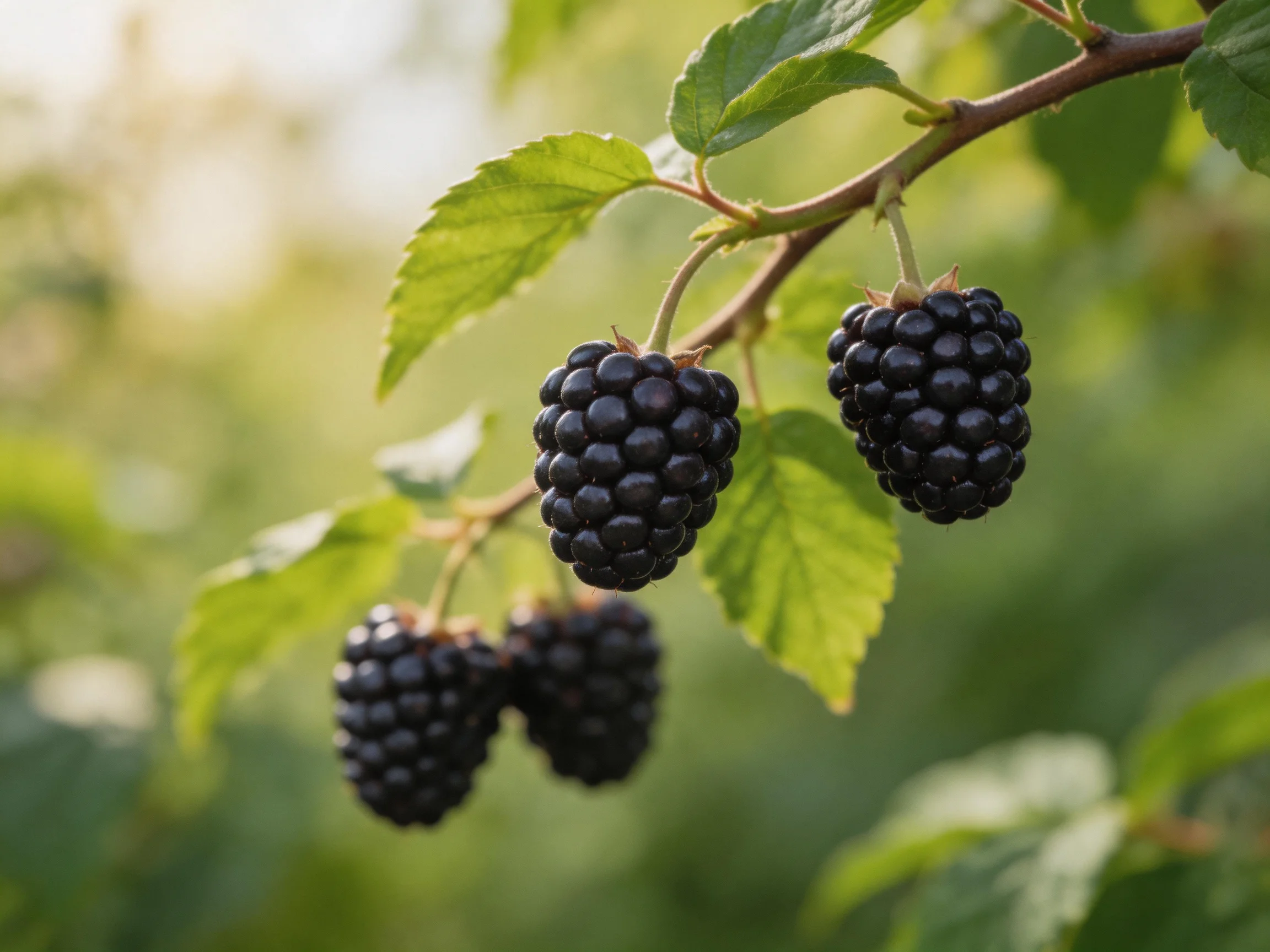 Four plump blackberries hang from a branch with vibrant green leaves