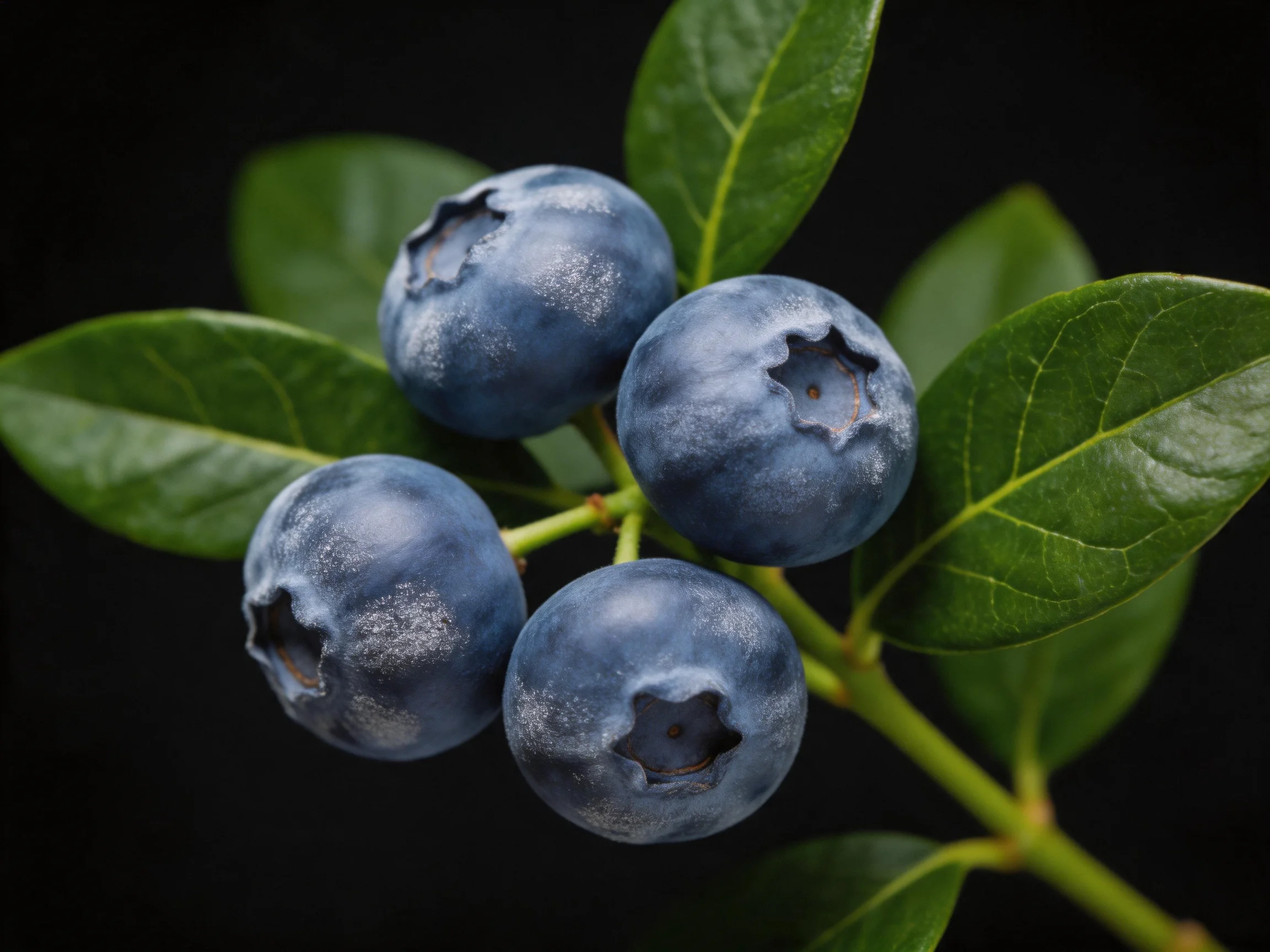 Four plump blueberries with vibrant green leaves