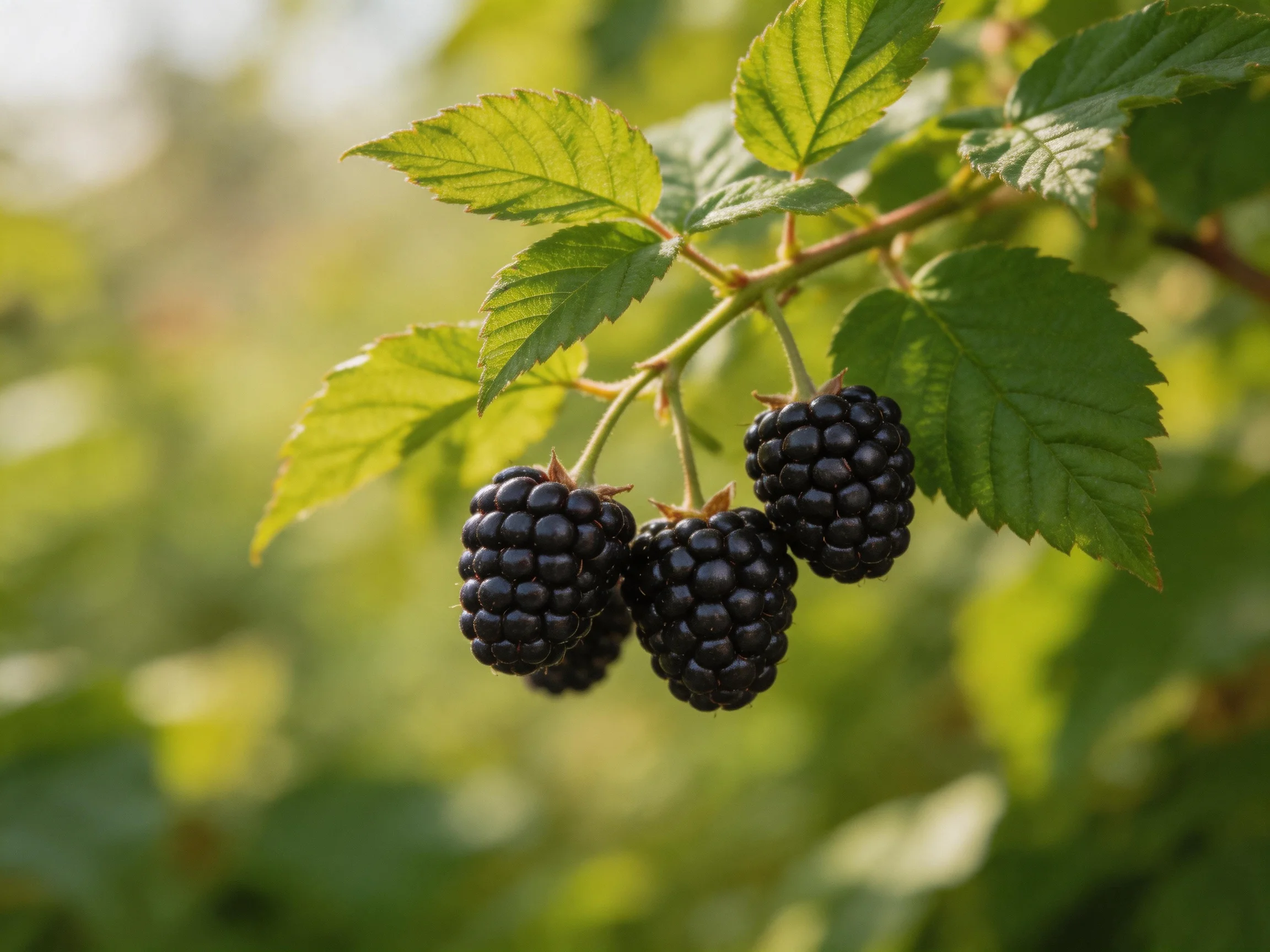 Four plump dark berries hang from a leafy branch