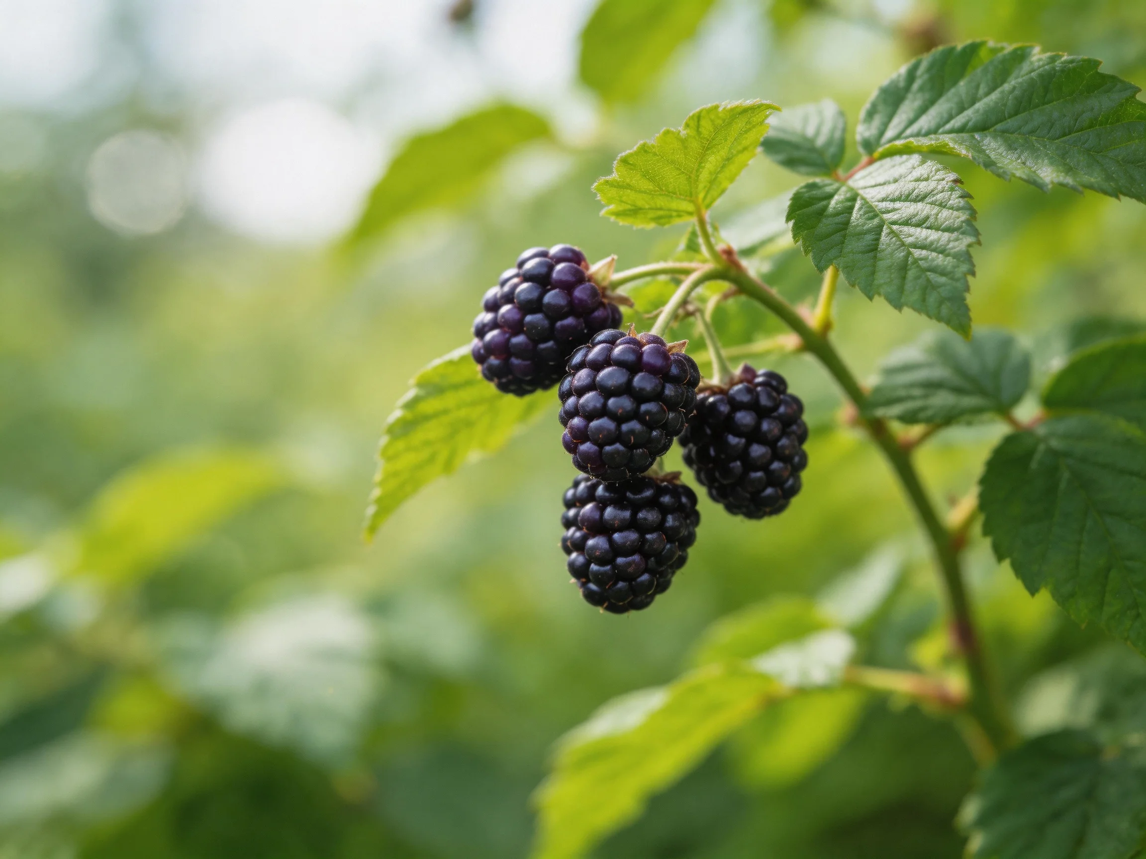 Four plump dark purple berries cluster on a leafy vine